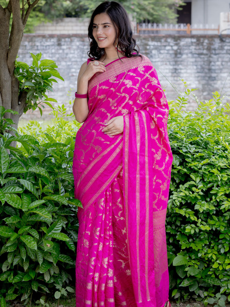 Banarasi Semi Silk Saree With Zari Weaving-Hot Pink