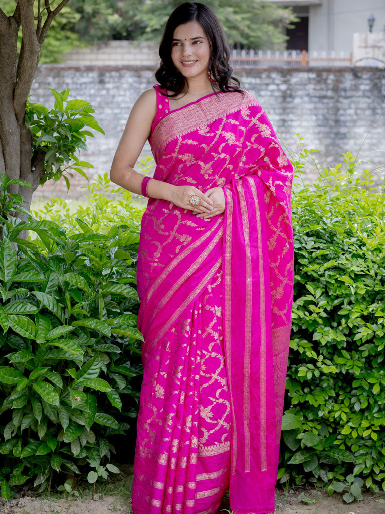 Banarasi Semi Silk Saree With Zari Weaving-Hot Pink