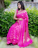 Banarasi Semi Silk Saree With Zari Weaving-Hot Pink