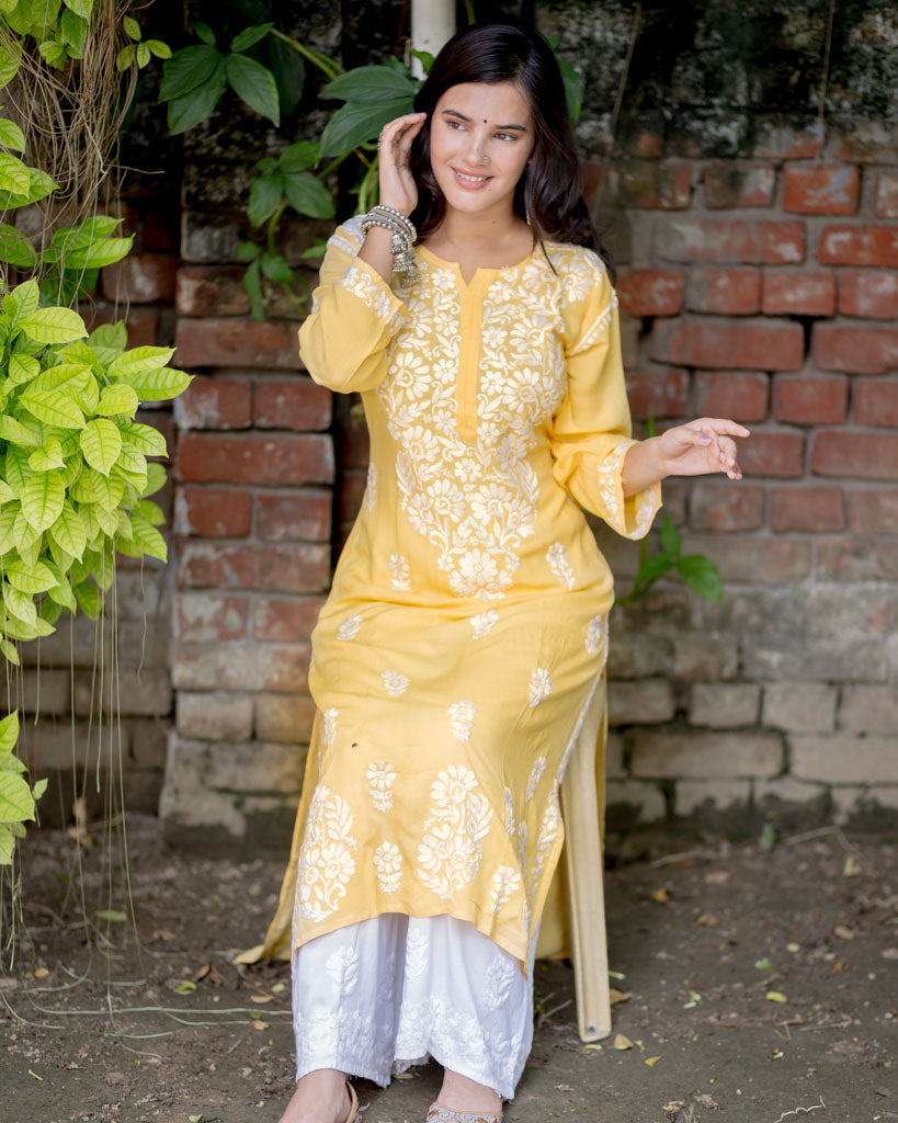 Readymade Floral Heavy Chikankari Rayon Kurti-Yellow