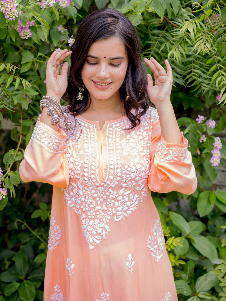 Readymade Floral Chikankari Rayon Kurti-Peach