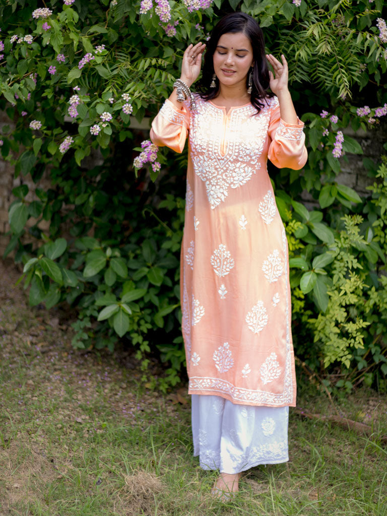 Readymade Floral Chikankari Rayon Kurti-Peach