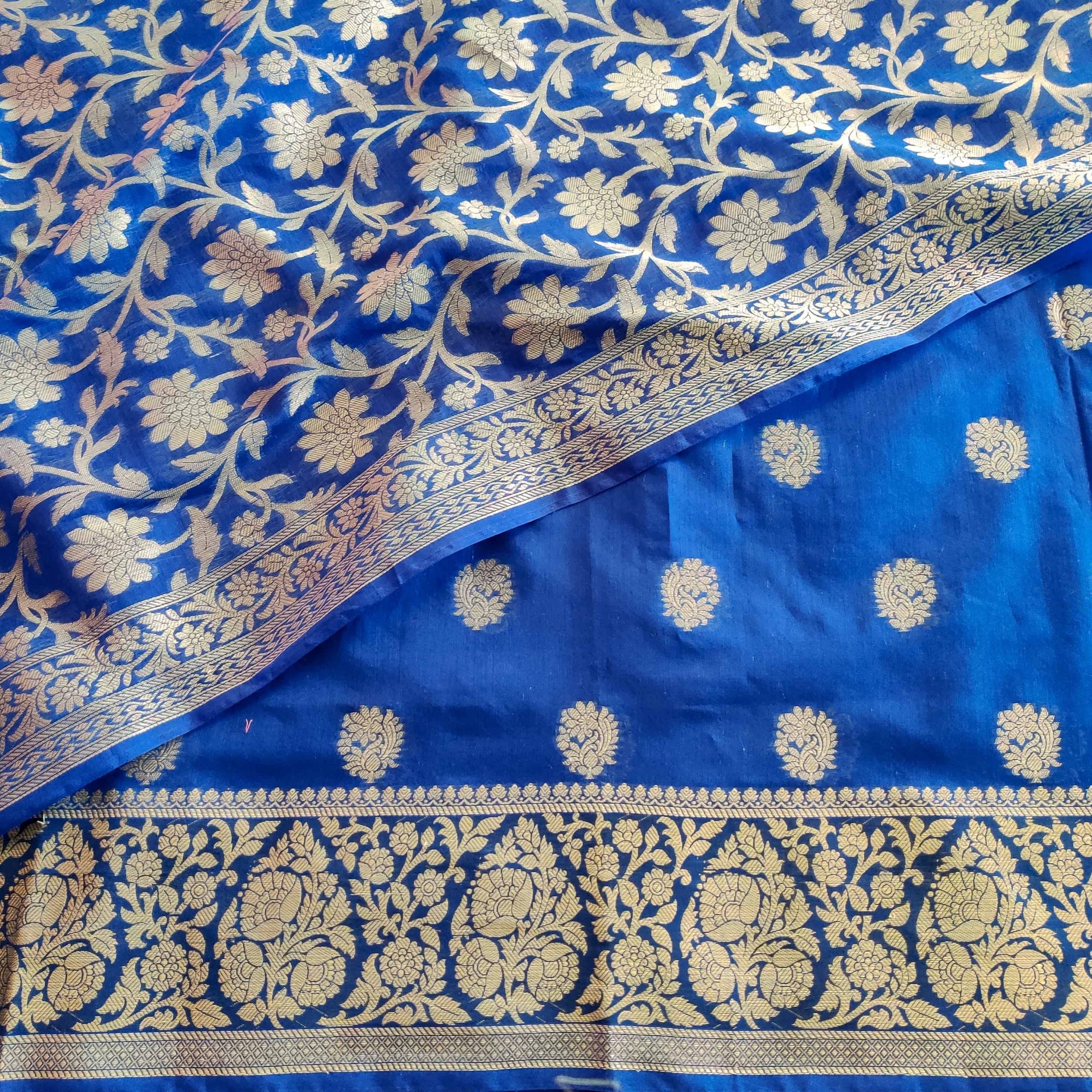 Banarasi Chanderi Cotton Salwar Kameez Material With Jaal Weaving Dupatta-Royal Blue