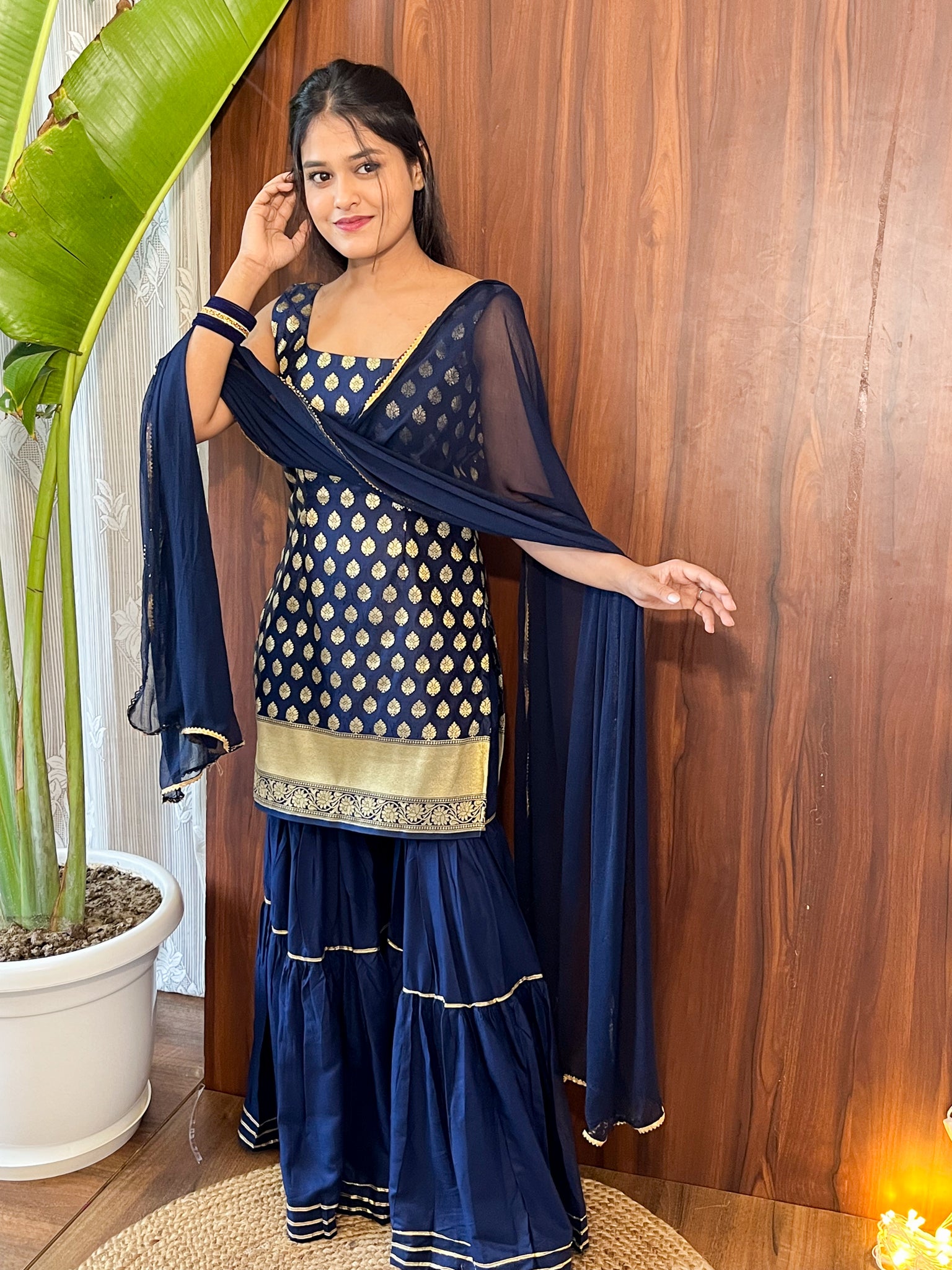 Readymade Banarasi Pure Silk Sharara Suit with Chiffon Dupatta- Royal Blue