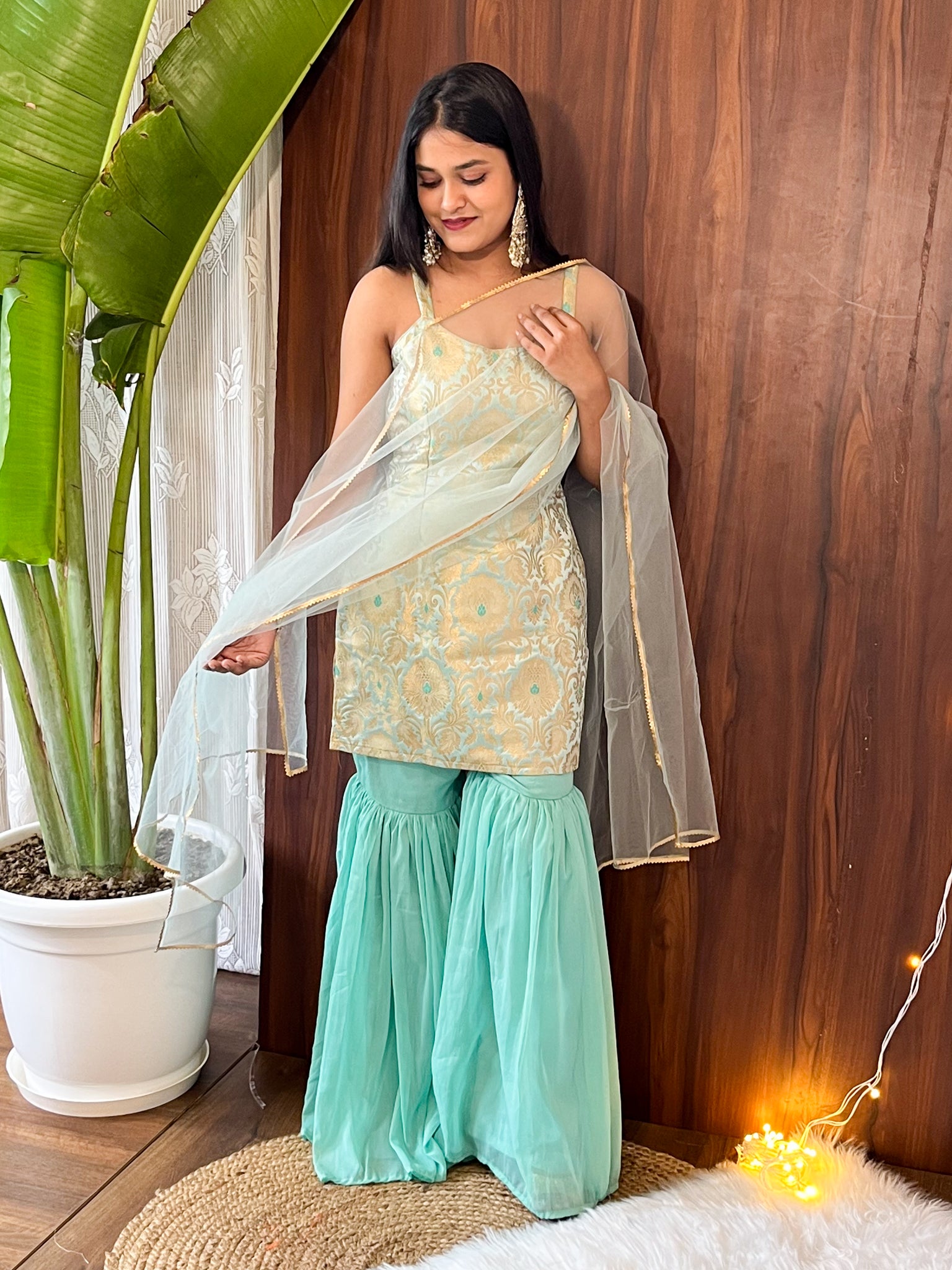 Readymade Banarasi Brocade Sharara Suit with Net Dupatta- Aqua Blue