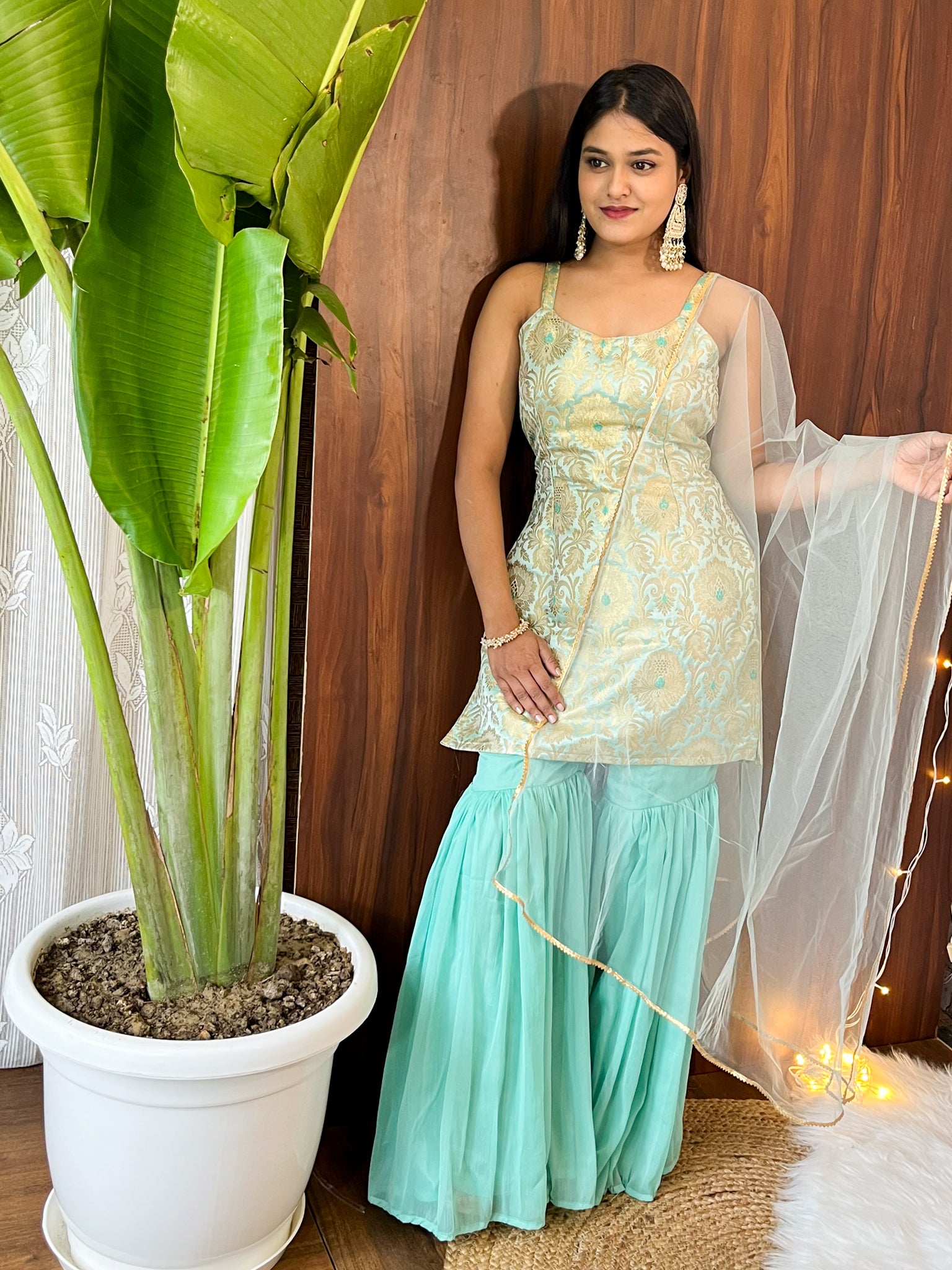 Readymade Banarasi Brocade Sharara Suit with Net Dupatta- Aqua Blue