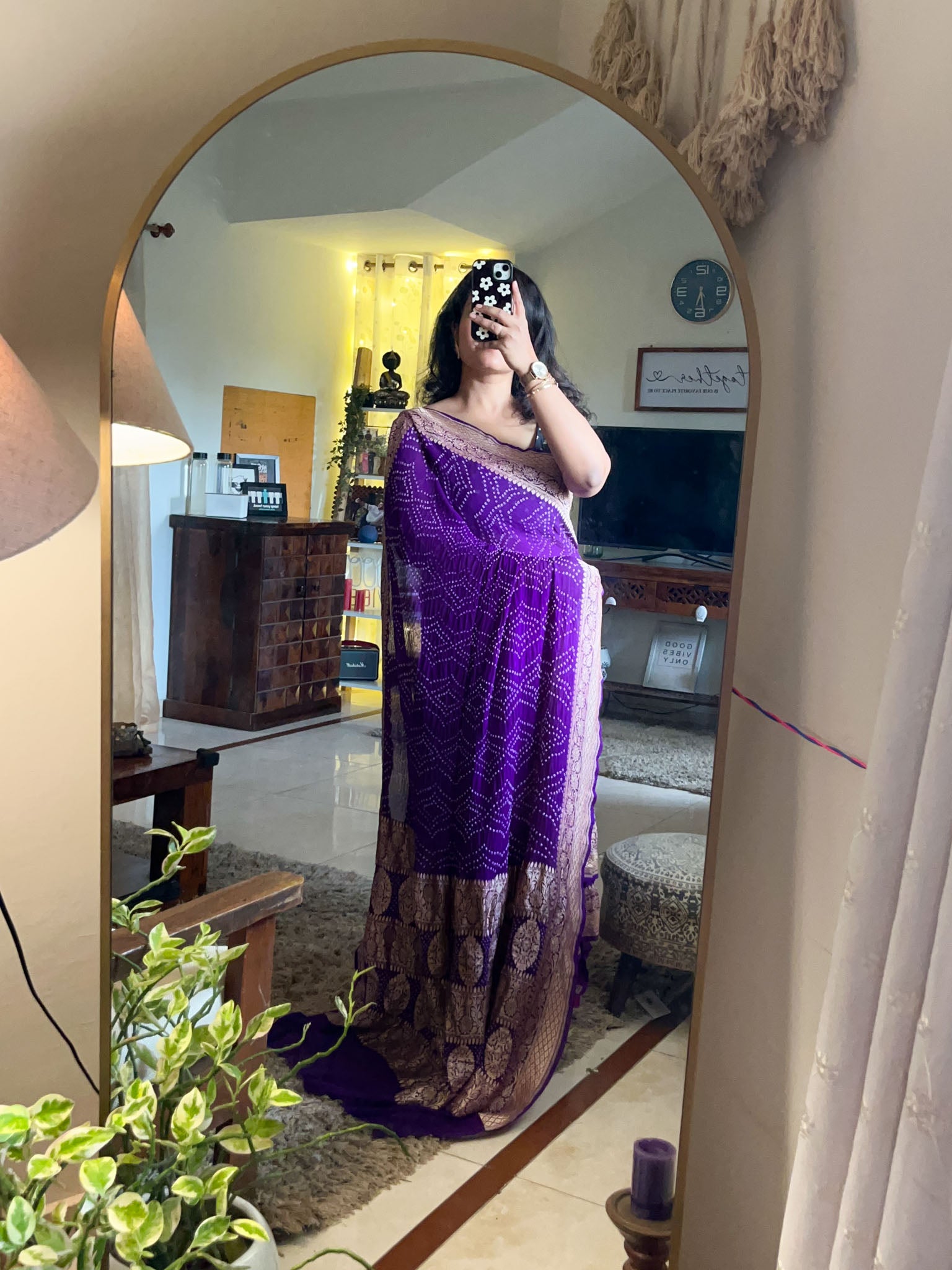Purple handloom Pure Banarasi Georgette Rai Bandhej Saree