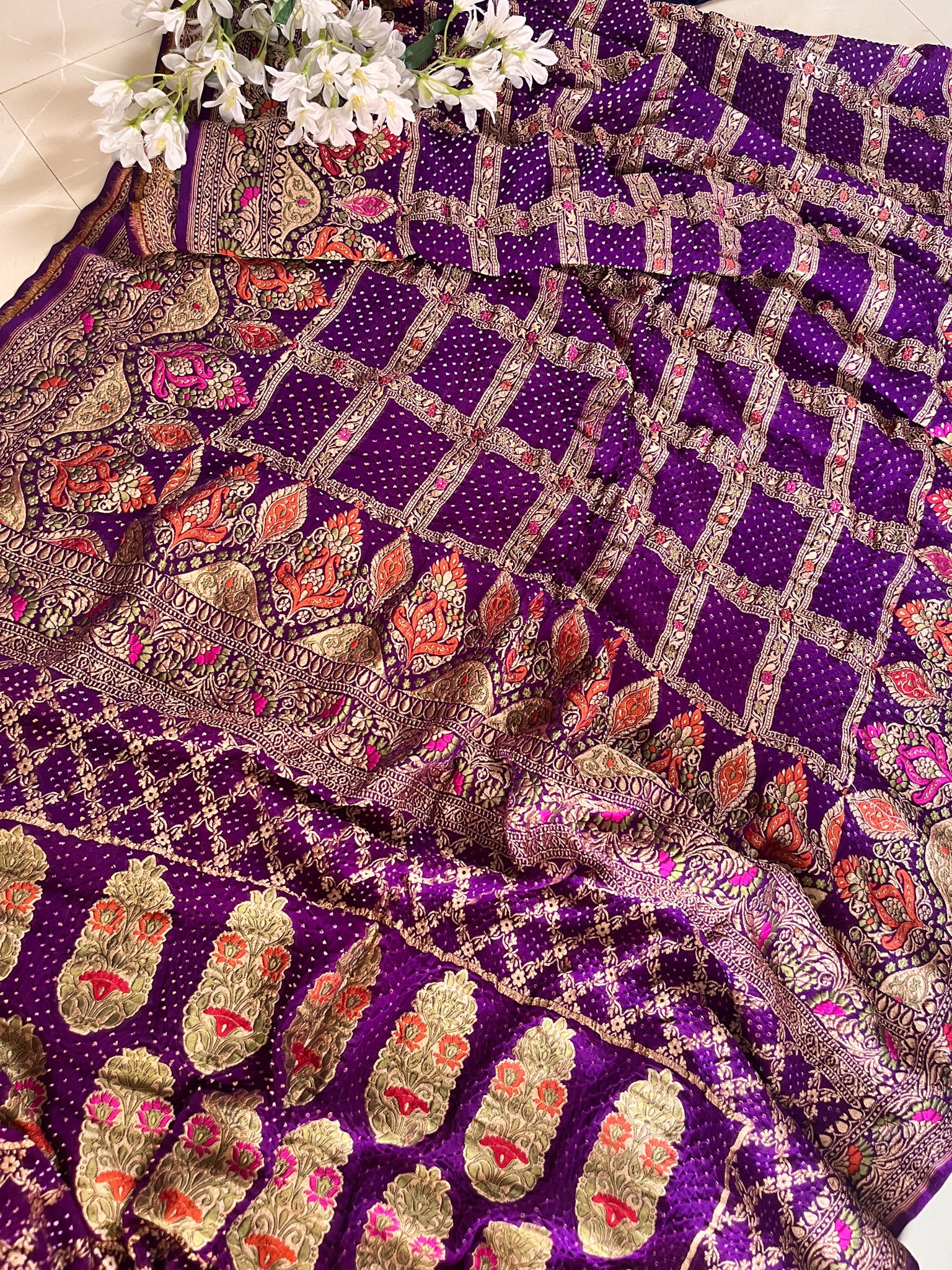 Purple Tilfi Pure Banarasi Georgette Bandhej Saree with Zari & Meena Weaving