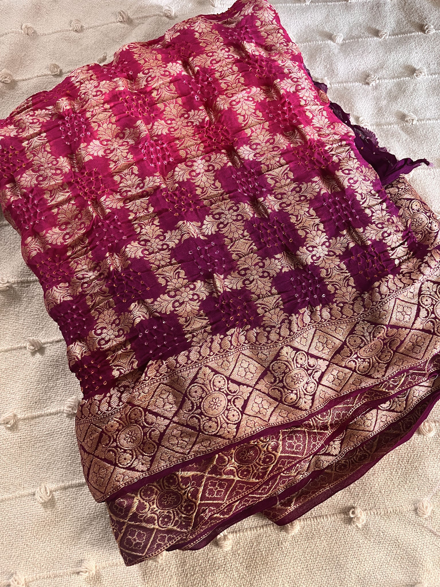 Pink Pure Banarasi Georgette Bandhej Saree with Zari Jaal Weaving
