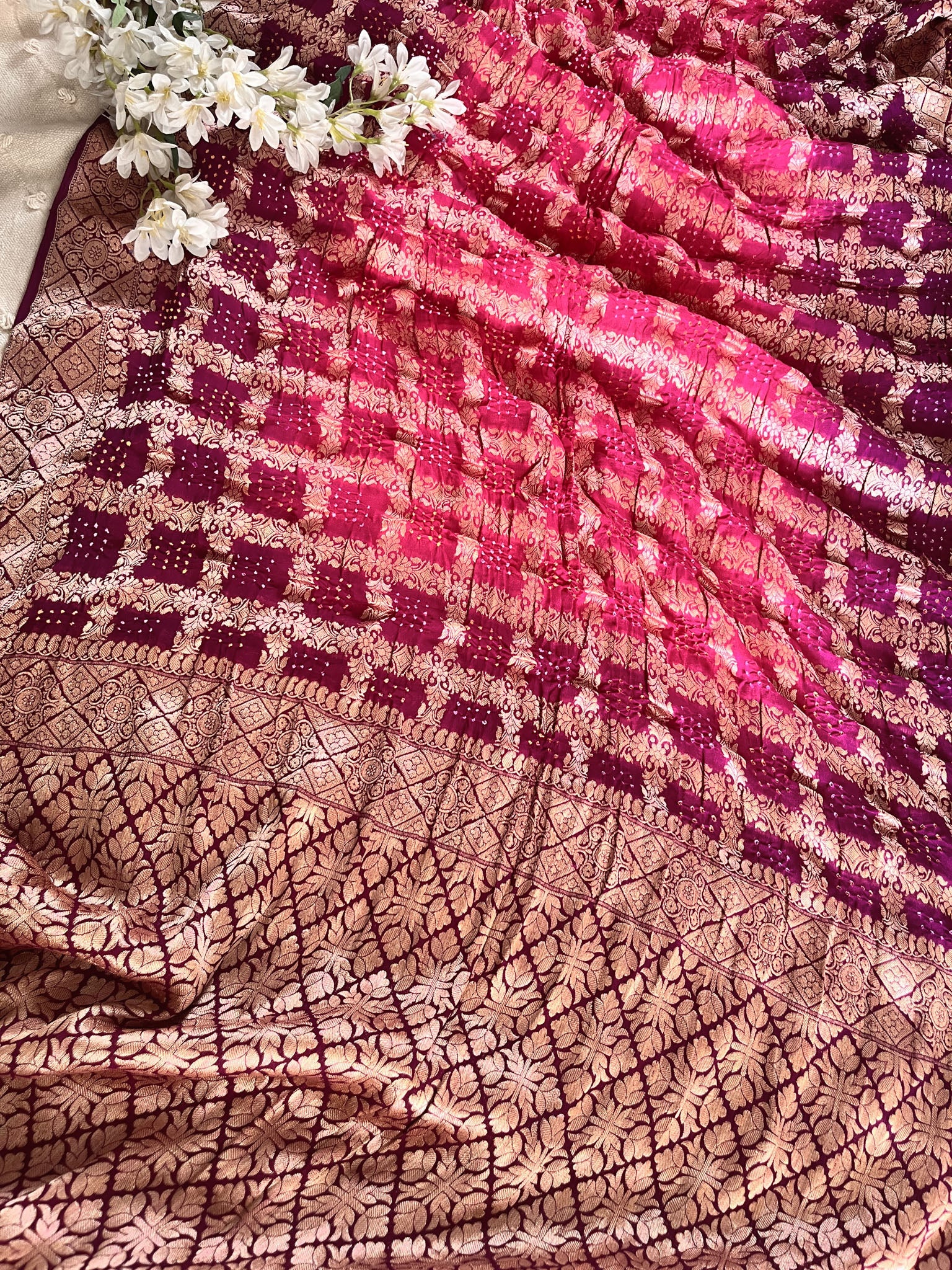 Pink Pure Banarasi Georgette Bandhej Saree with Zari Jaal Weaving