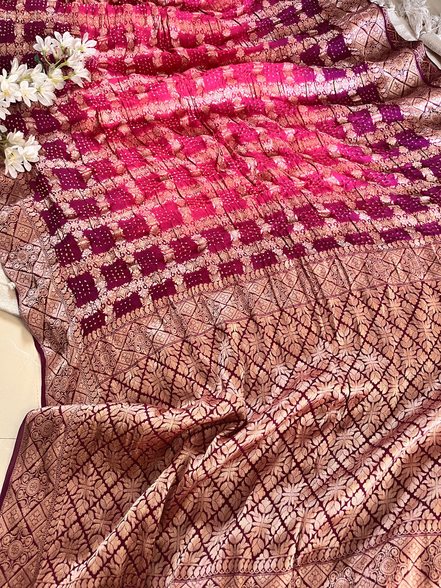 Pink Pure Banarasi Georgette Bandhej Saree with Zari Jaal Weaving