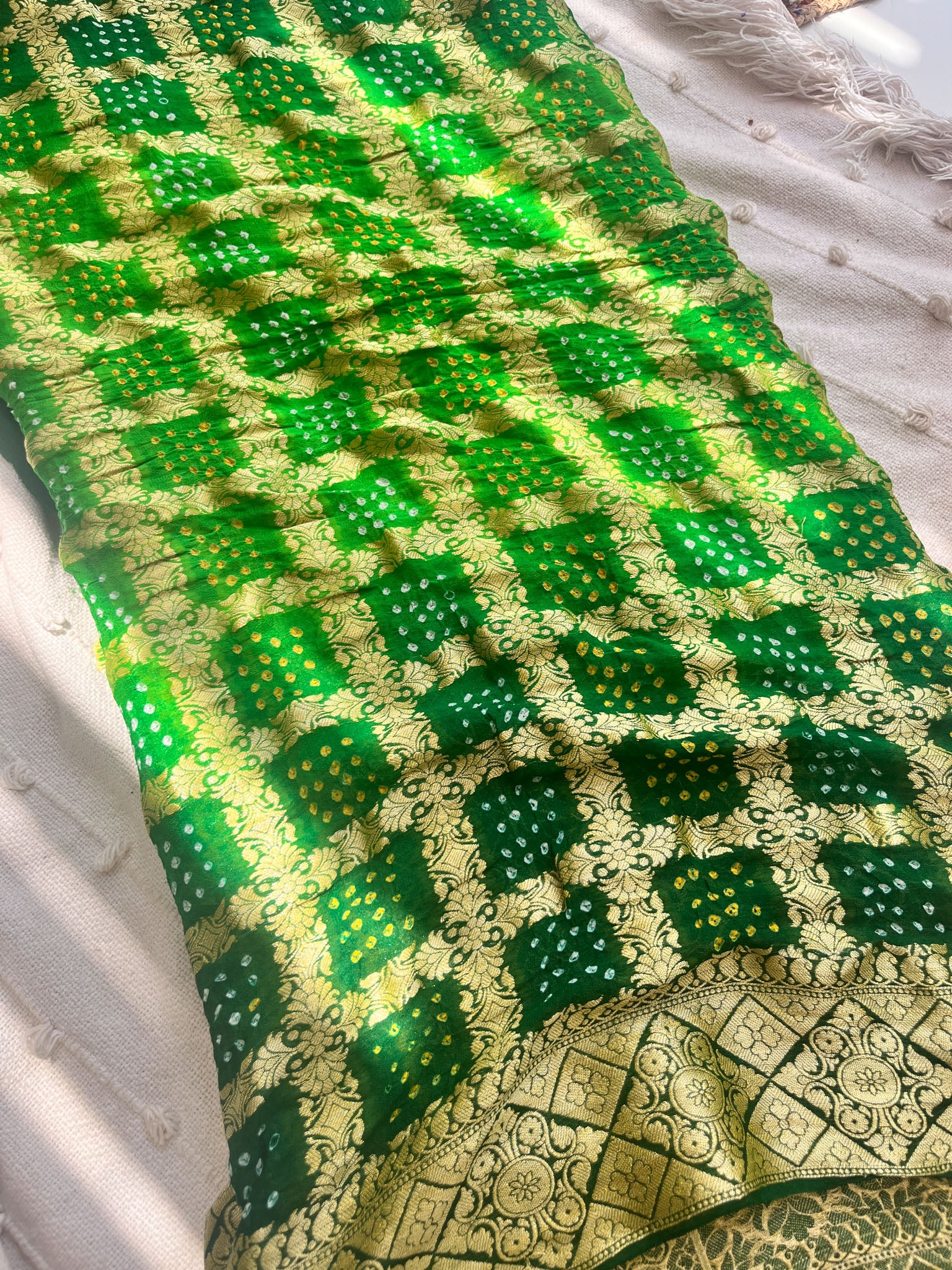 Green Pure Banarasi Georgette Bandhej Saree with Zari Jaal Weaving
