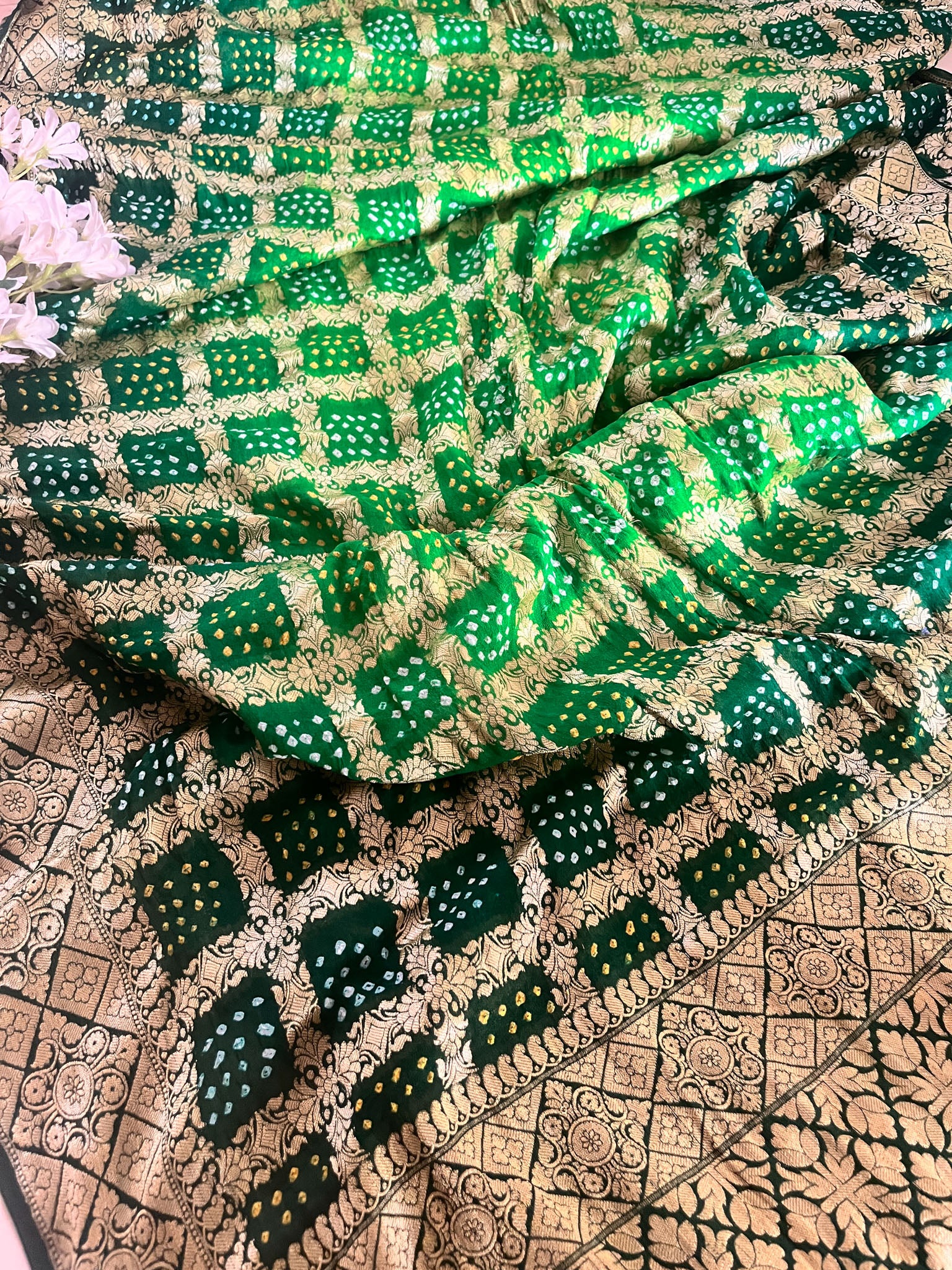 Green Pure Banarasi Georgette Bandhej Saree with Zari Jaal Weaving