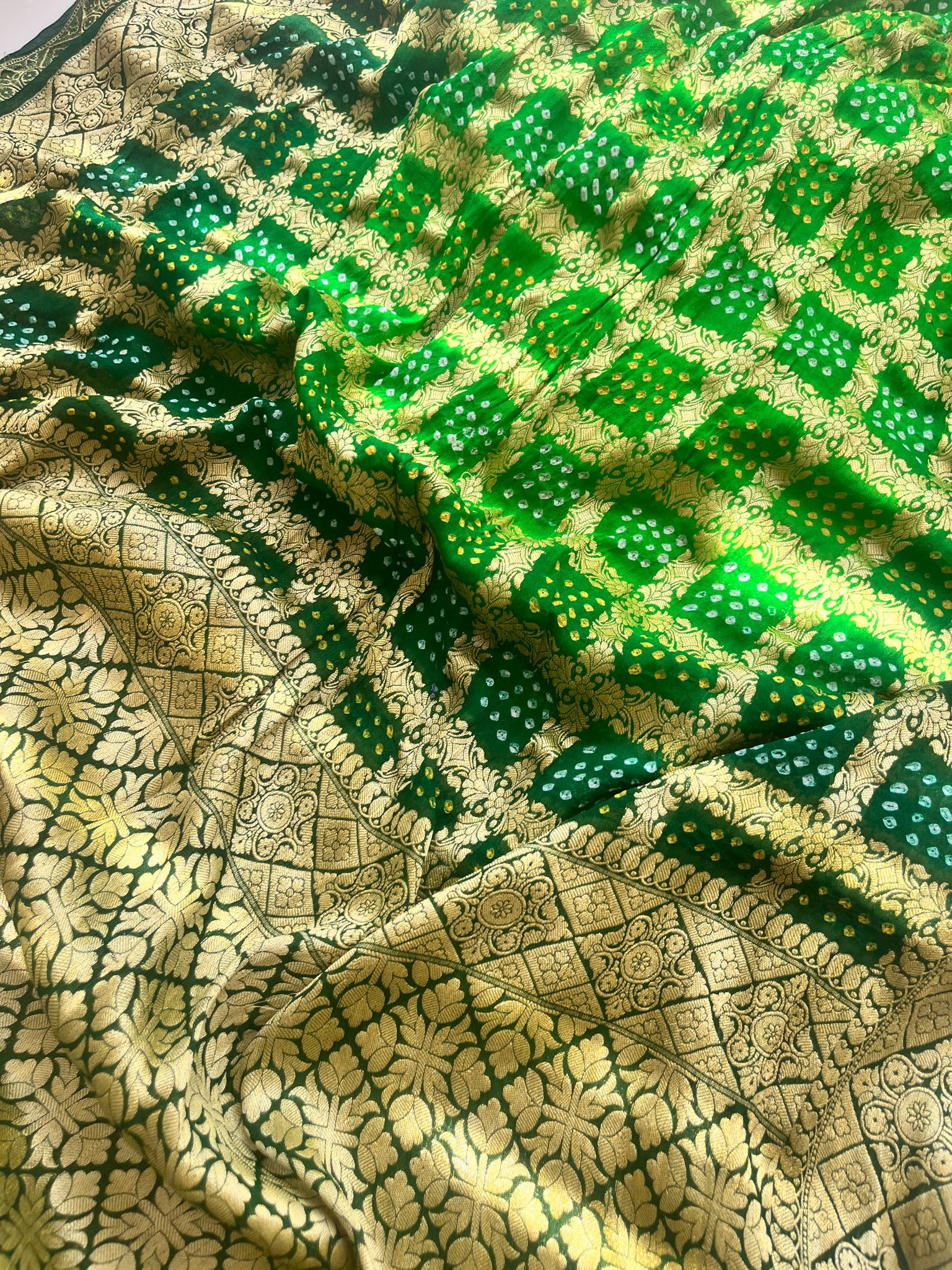 Green Pure Banarasi Georgette Bandhej Saree with Zari Jaal Weaving