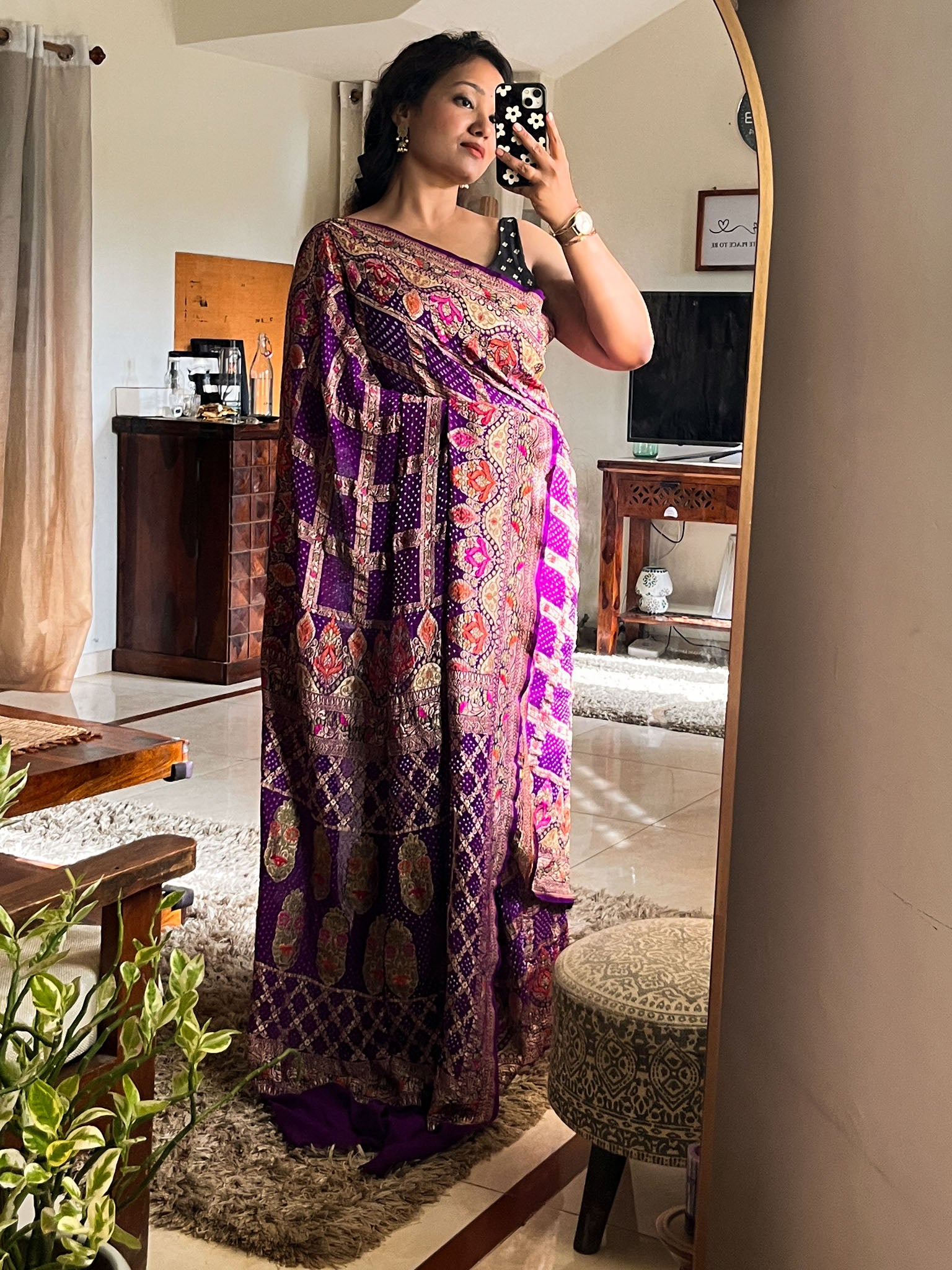 Purple Tilfi Pure Banarasi Georgette Bandhej Saree with Zari & Meena Weaving