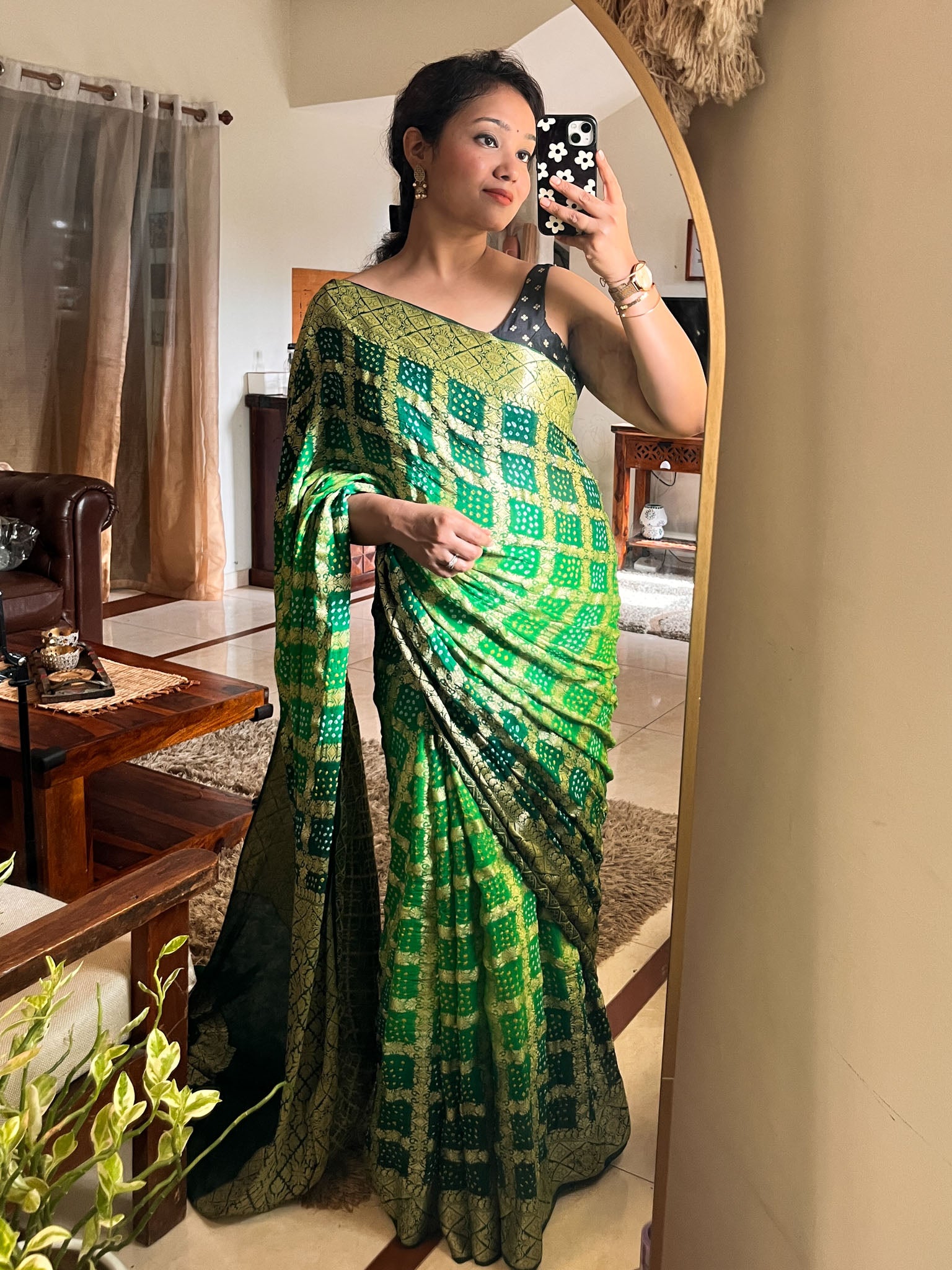 Green Pure Banarasi Georgette Bandhej Saree with Zari Jaal Weaving
