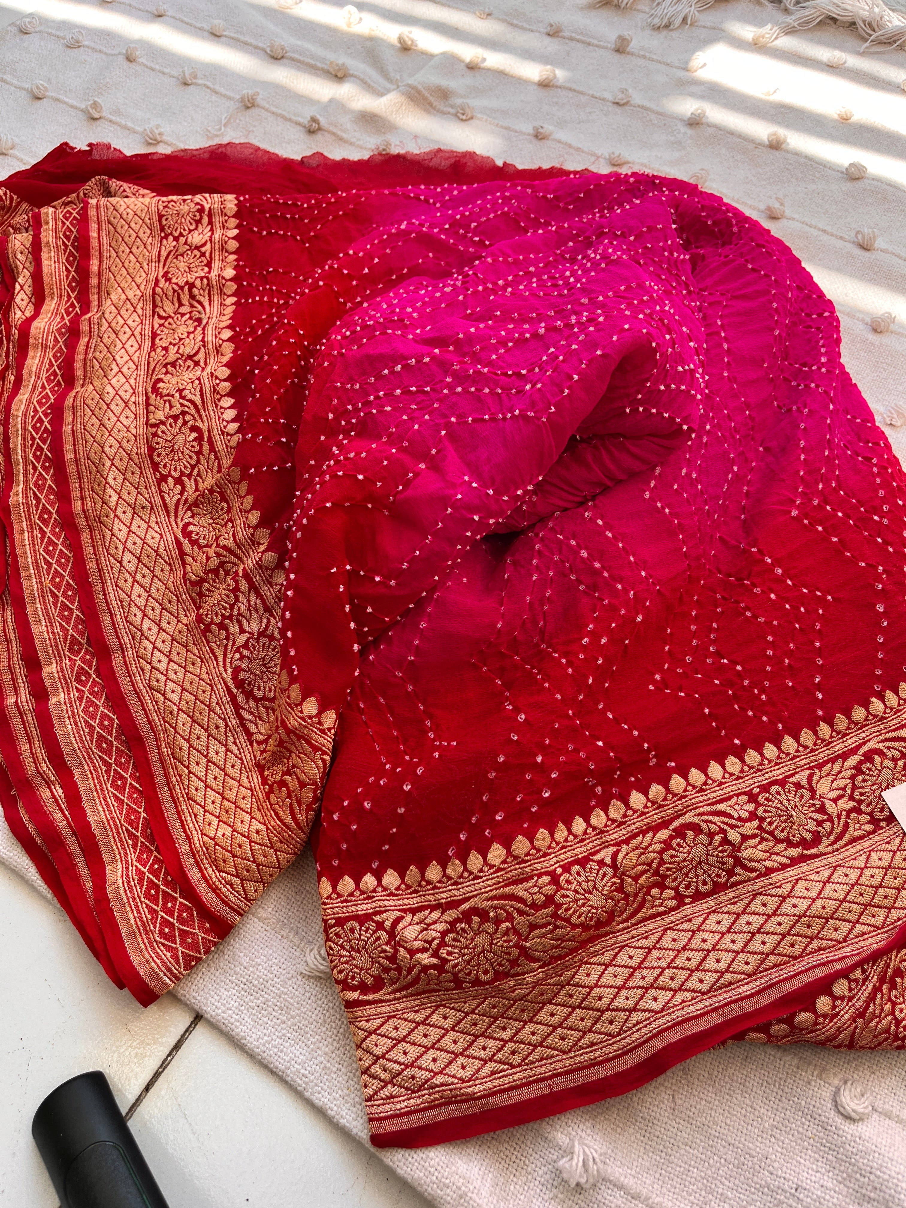Shaded handloom Pure Banarasi Georgette Rai Bandhej Saree