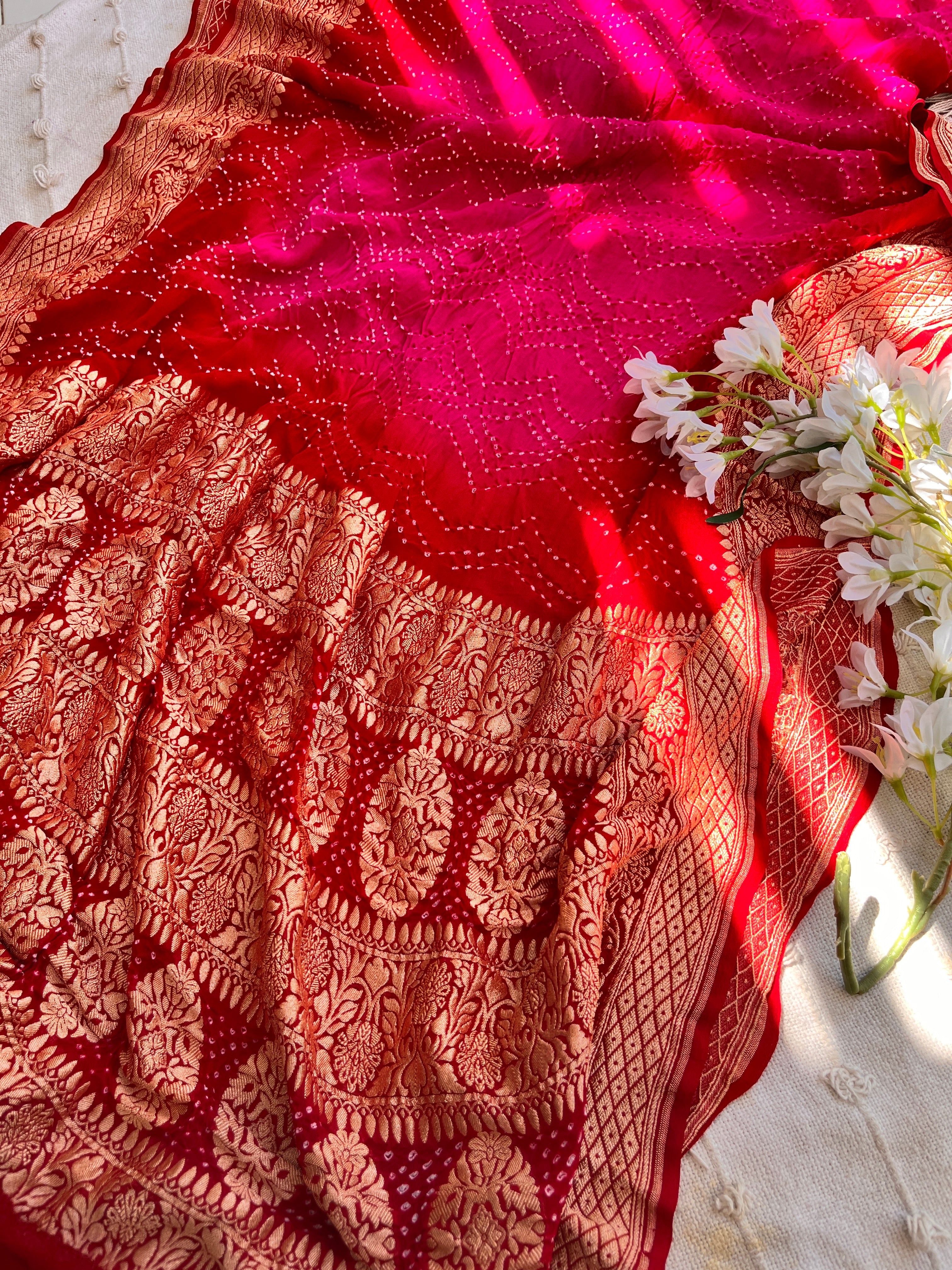 Shaded handloom Pure Banarasi Georgette Rai Bandhej Saree