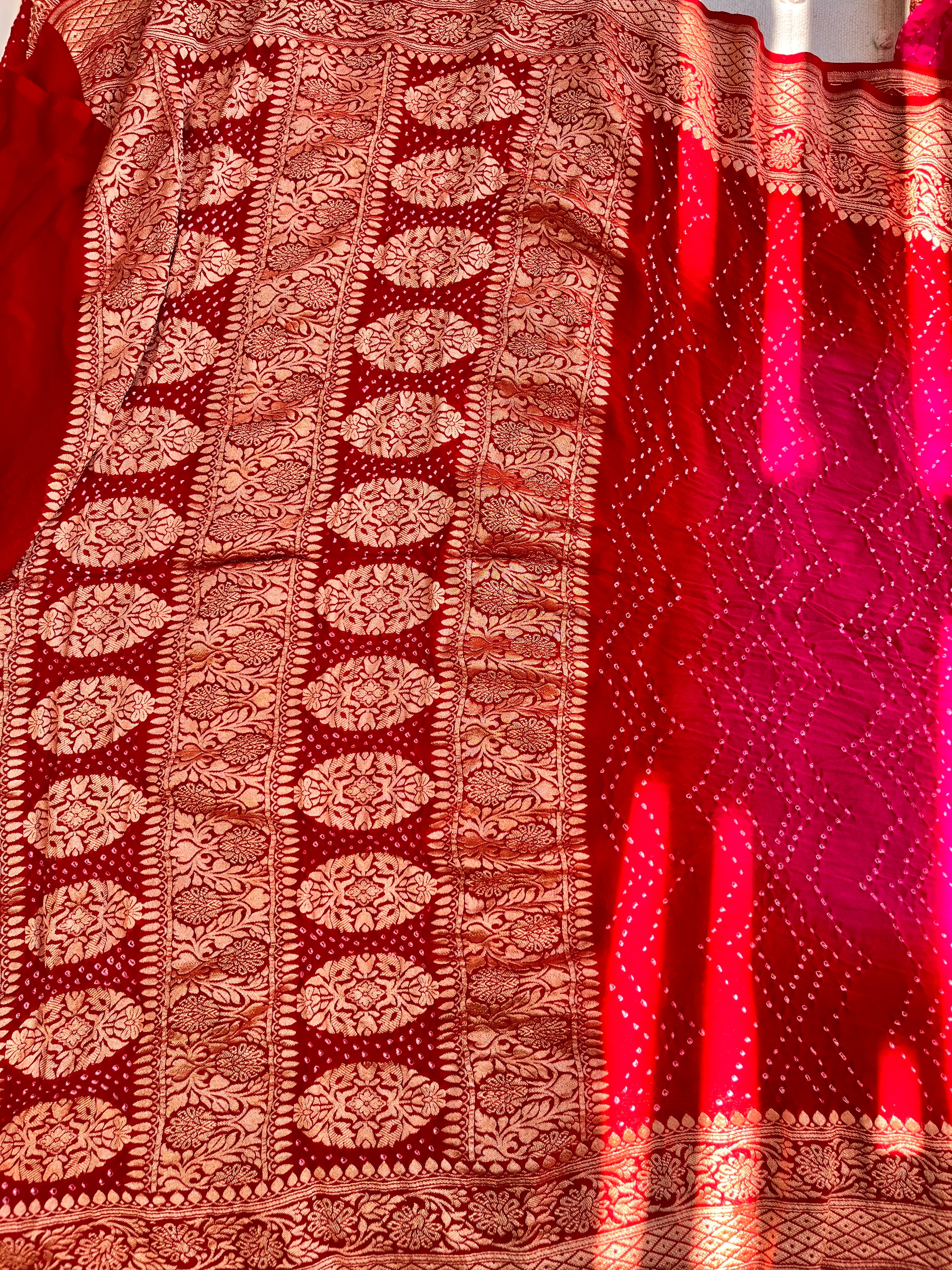 Shaded handloom Pure Banarasi Georgette Rai Bandhej Saree