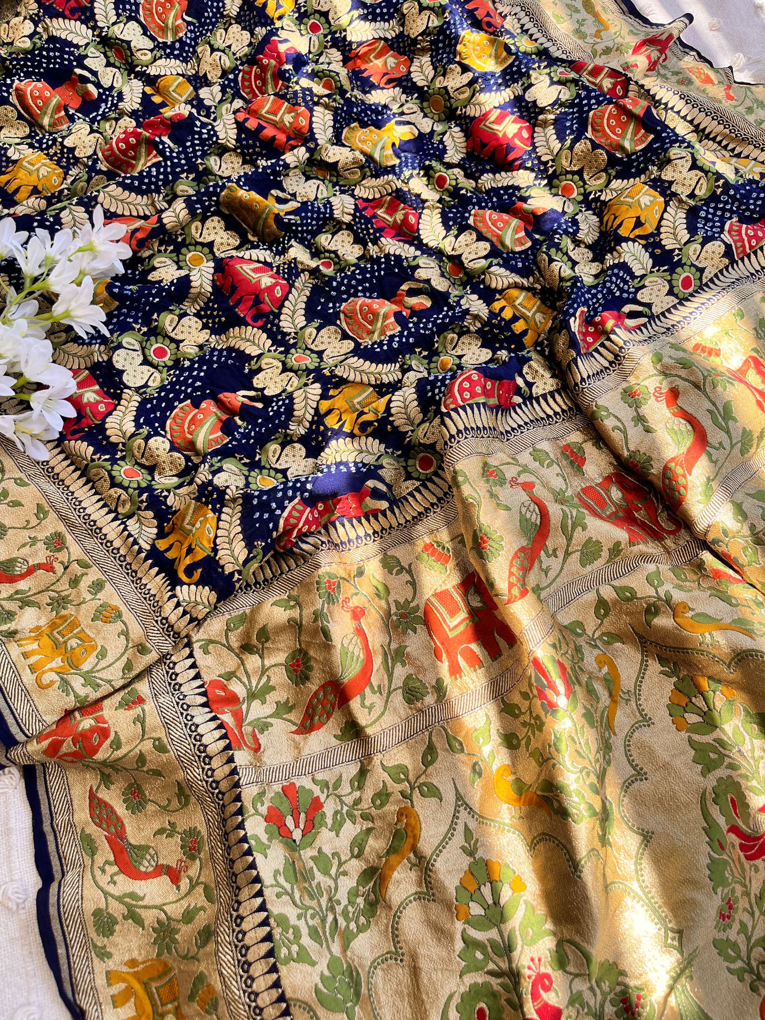 Blue Tilfi Pure Banarasi Georgette Bandhej Saree with Zari & Meena Weaving