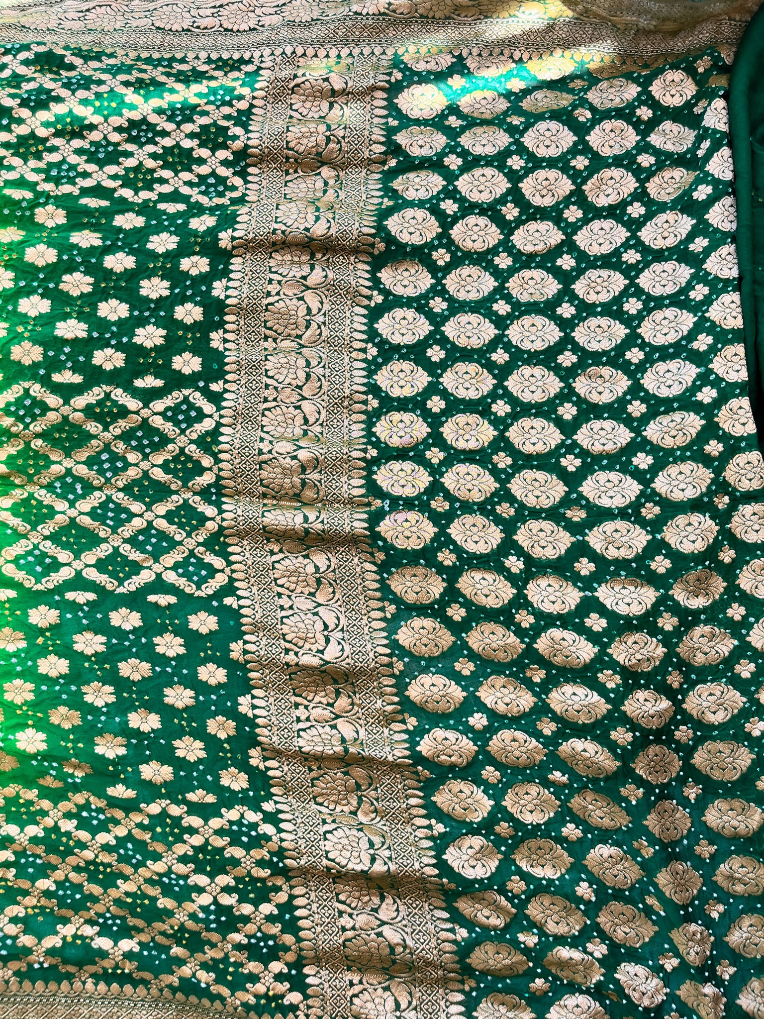Green handloom Pure Banarasi Georgette Bandhej Saree with Zari Jaal Weaving
