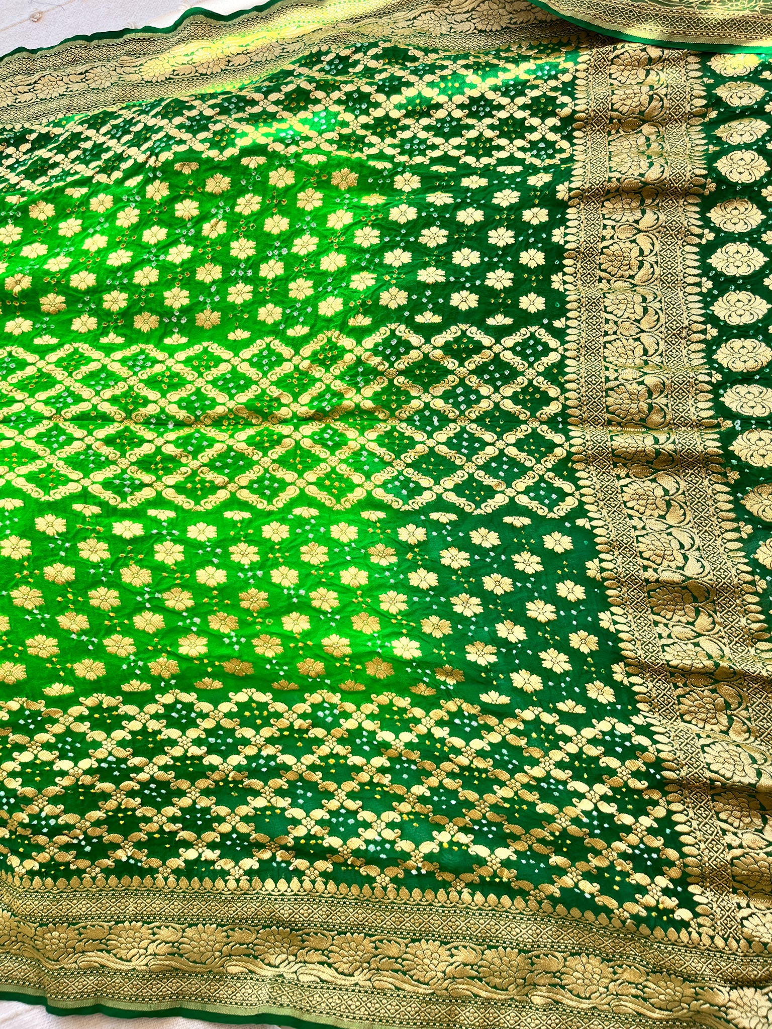 Green handloom Pure Banarasi Georgette Bandhej Saree with Zari Jaal Weaving