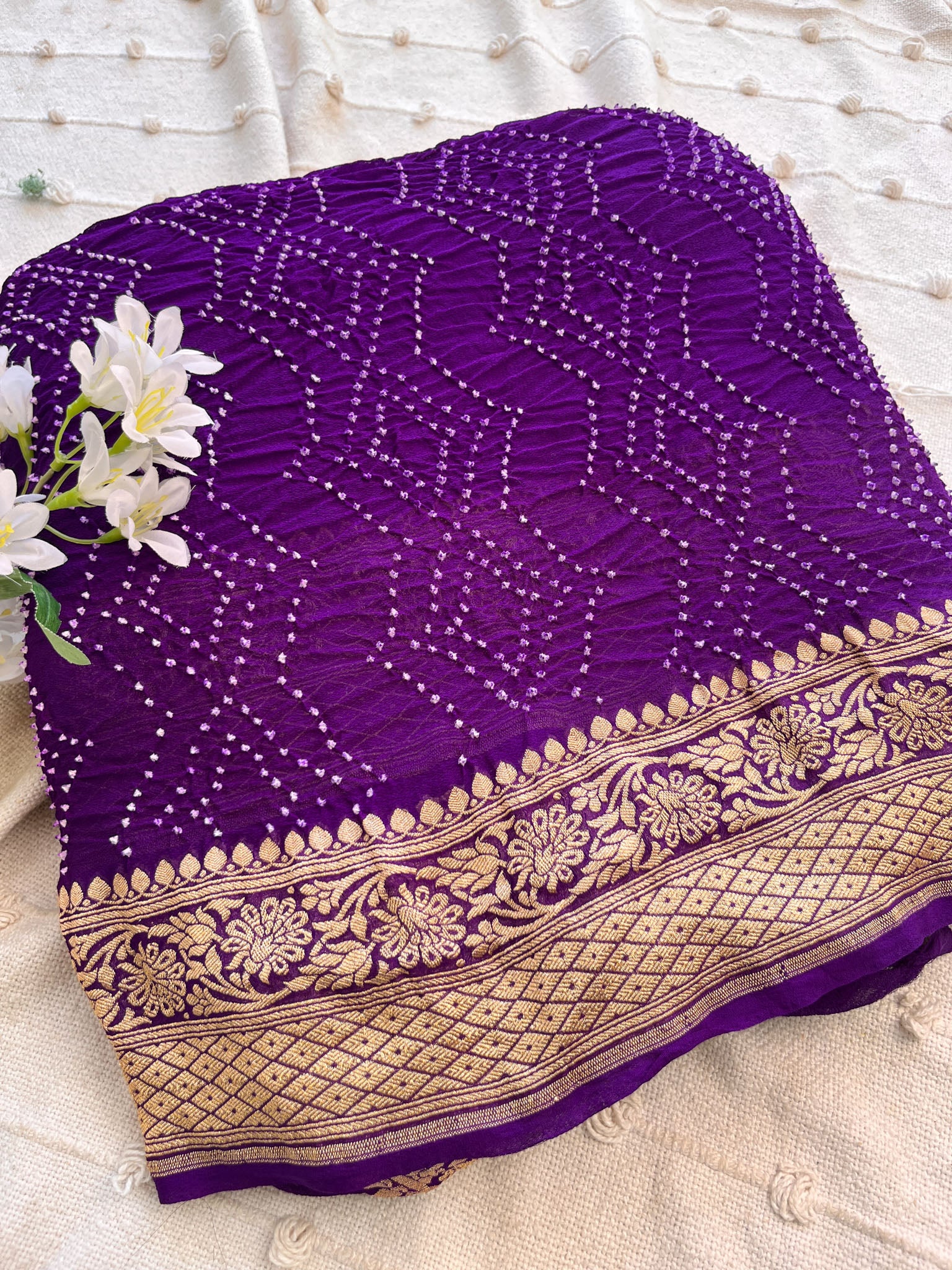 Purple handloom Pure Banarasi Georgette Rai Bandhej Saree