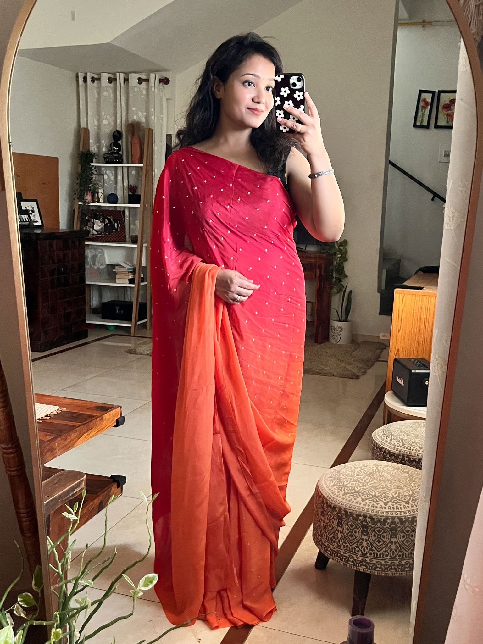 Shaded Chiffon Saree With Zari Sequins Work- Orange