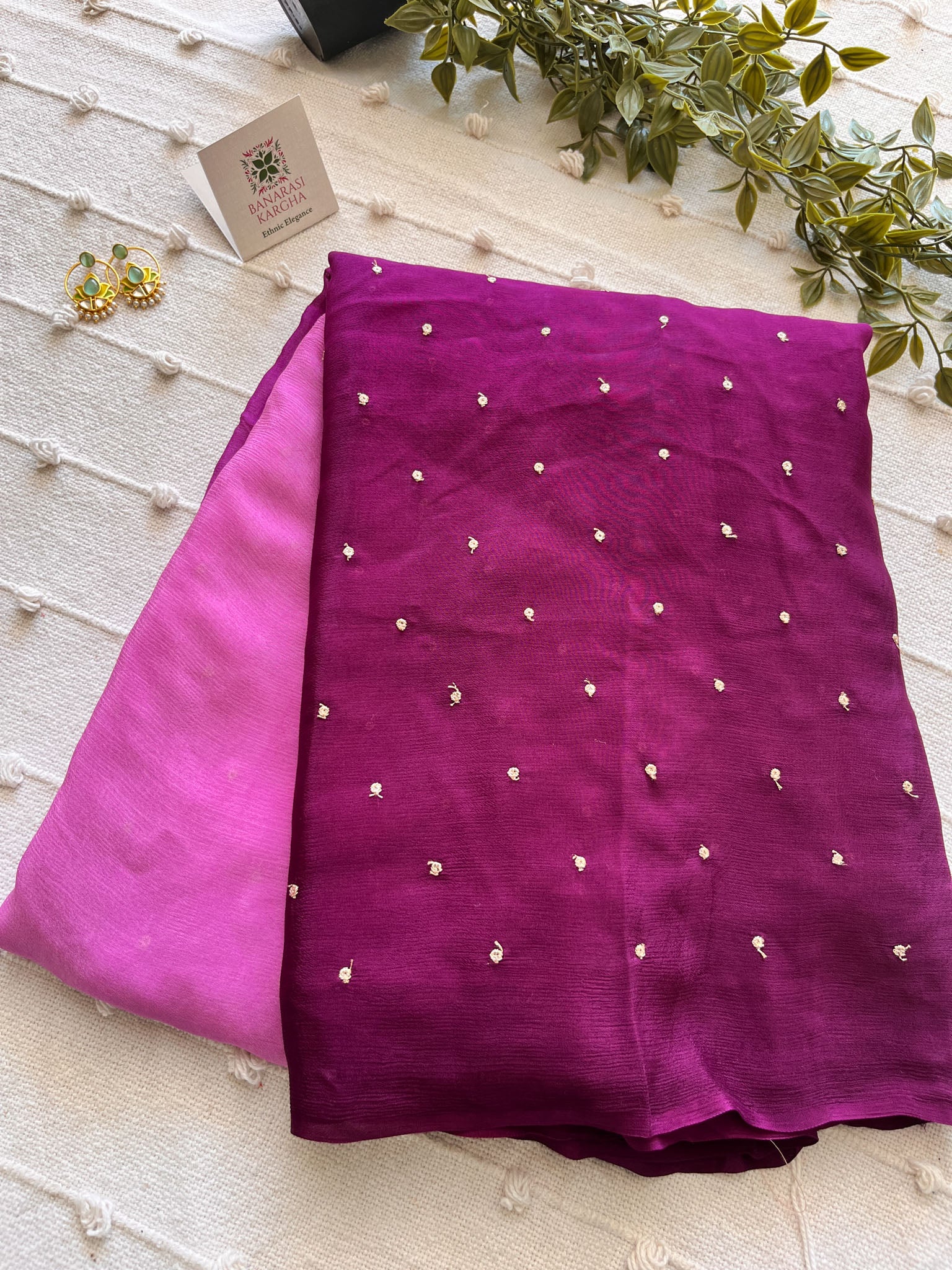 Shaded Chiffon Saree With Zari Sequins Work- Purple