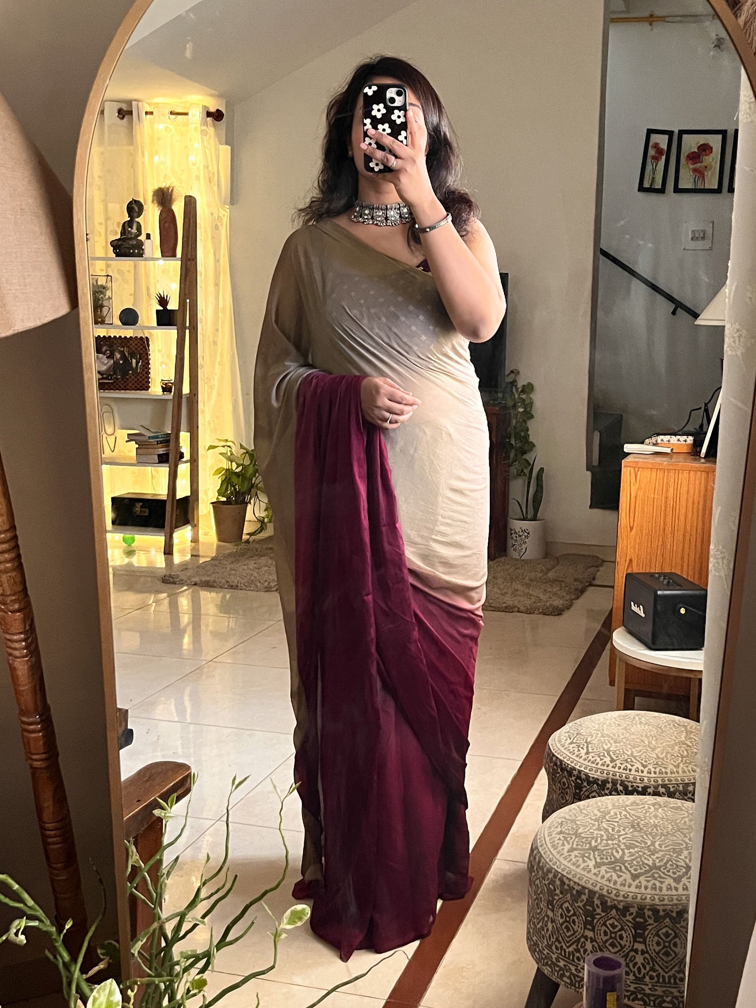 Shaded Chiffon Saree- Wine & Grey