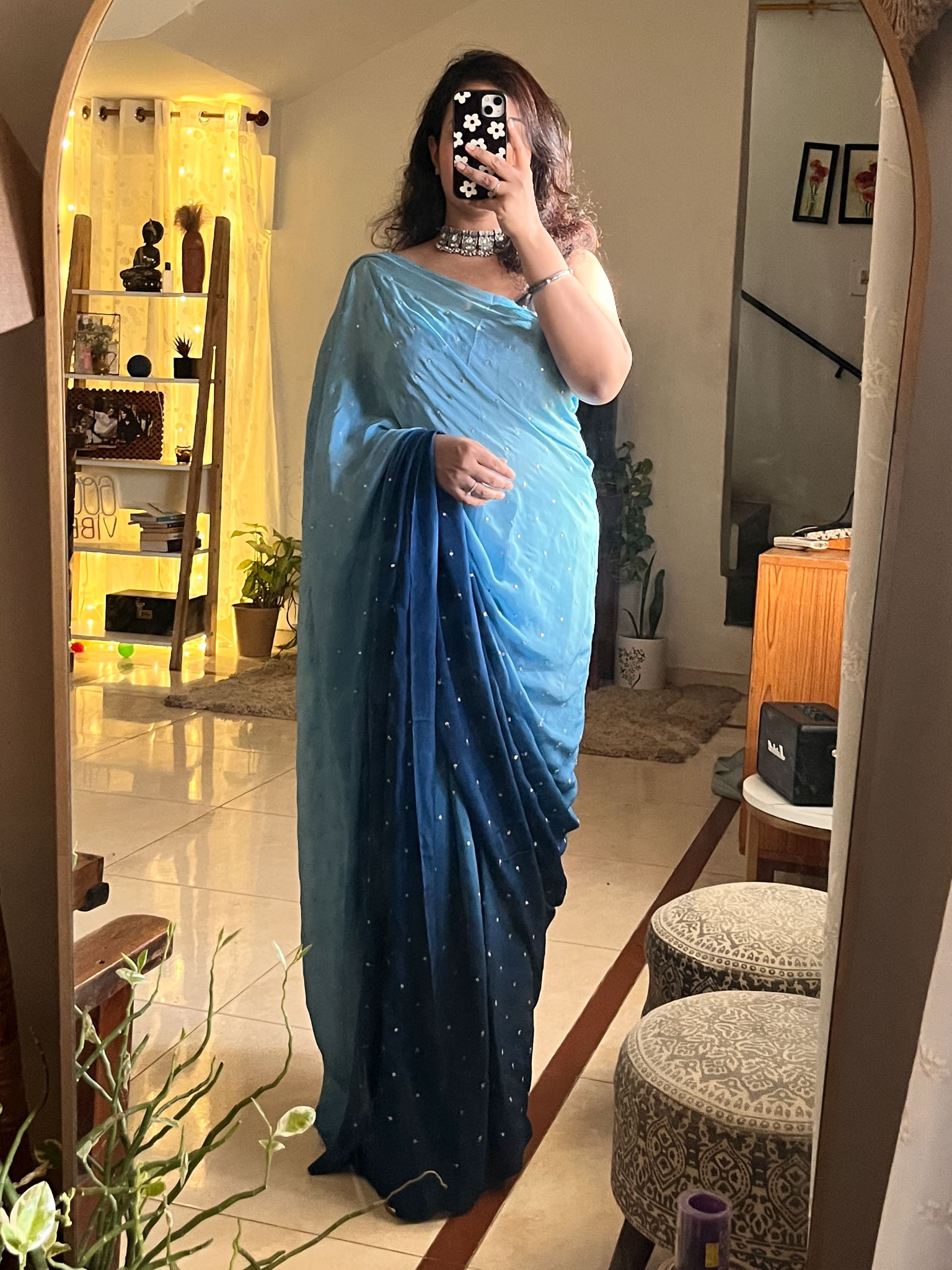 Shaded Chiffon Saree With Zari Sequins Work- Blue