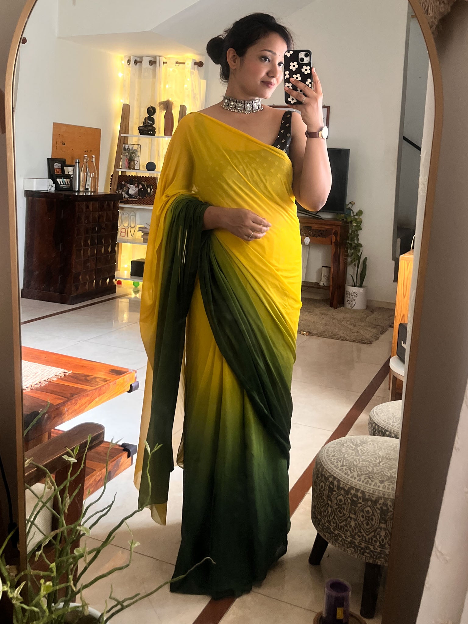 Shaded Chiffon Saree- Green & Yellow