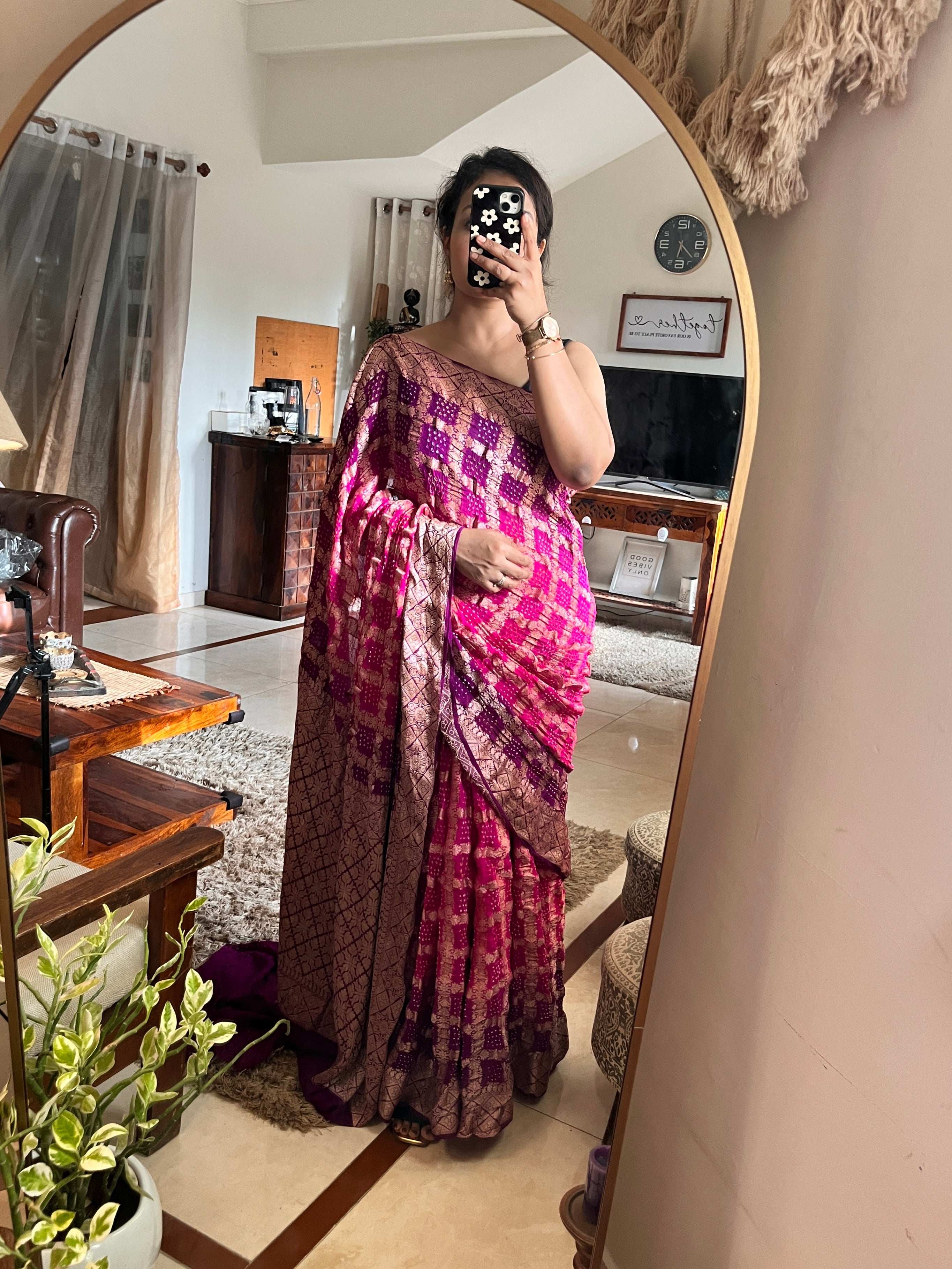 Pink Pure Banarasi Georgette Bandhej Saree with Zari Jaal Weaving