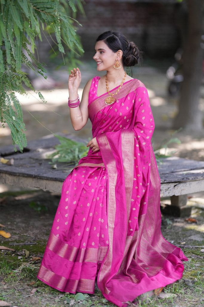 Banarasi Semi Silk Saree with Small Buti Zari Weaving-Pink