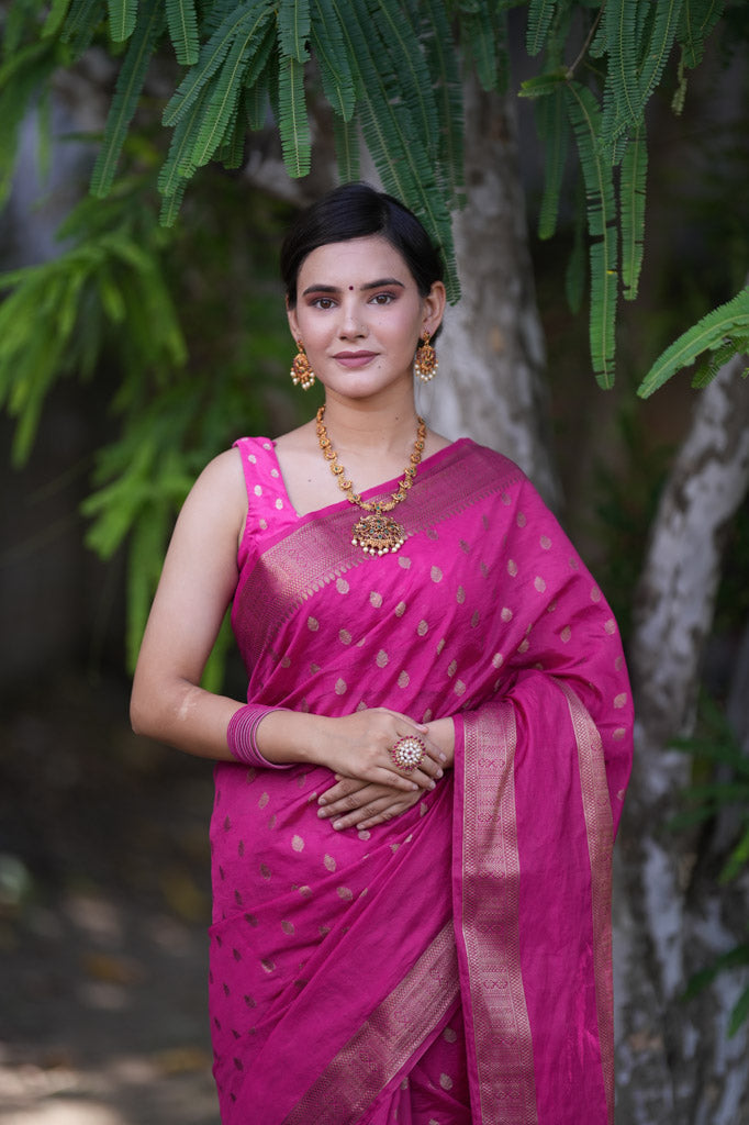 Banarasi Semi Silk Saree with Small Buti Zari Weaving-Pink