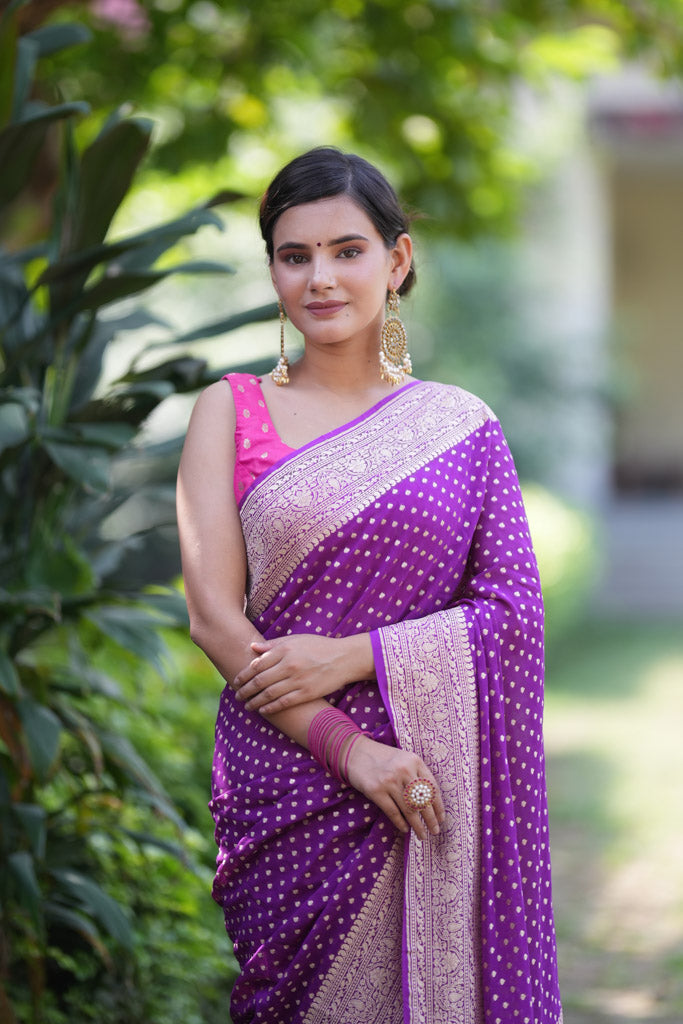 Banarasi Pure Khaddi Georgette Saree With Antique Zari Buti  Weaving-Purple