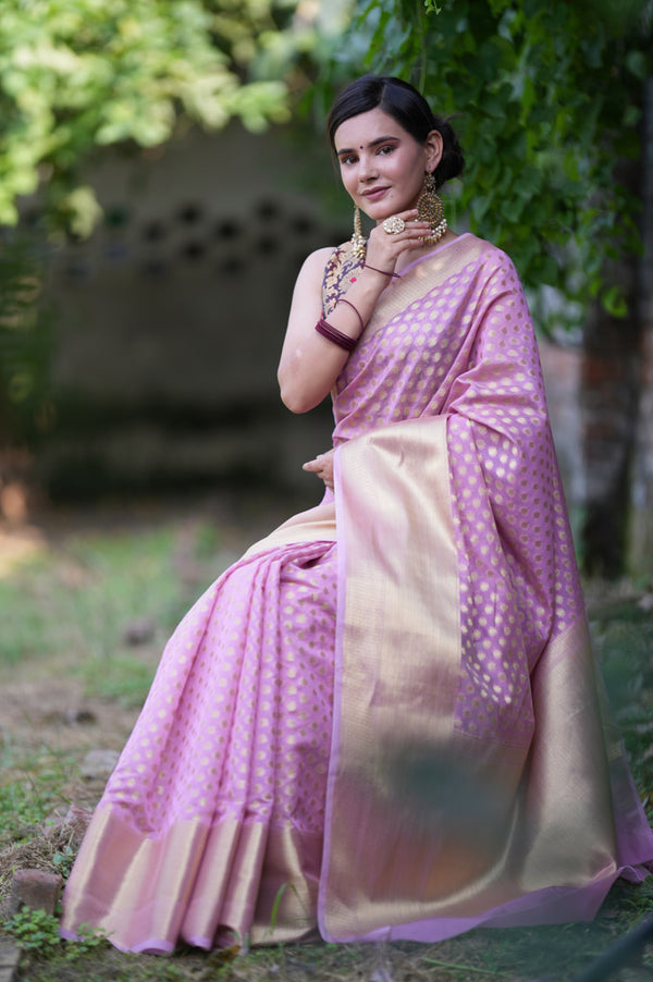Banarasi Cotton Silk Saree with Buti Zari Weaving-Lavender