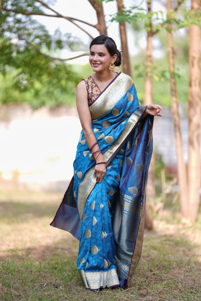 Banarasi Art Katan Silk Saree With Zari Buta Weaving & Tanchoi Weaving-Blue