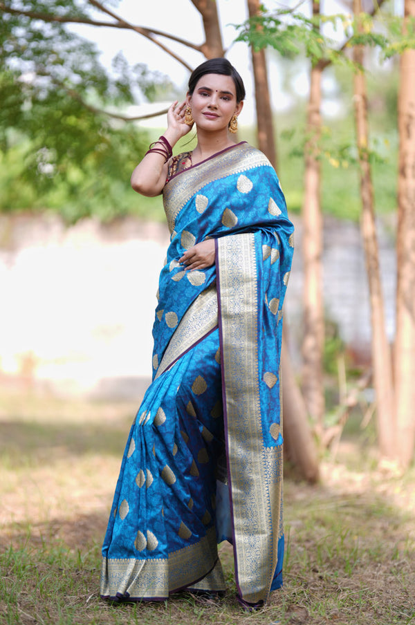 Banarasi Art Katan Silk Saree With Zari Buta Weaving & Tanchoi Weaving-Blue