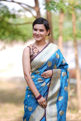 Banarasi Art Katan Silk Saree With Zari Buta Weaving & Tanchoi Weaving-Blue