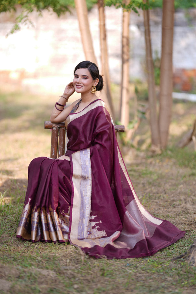 Banarasi Plain Semi Silk Saree With Ganga Ghat Weaving-Wine