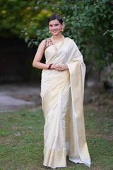 Banarasi Cotton Silk Saree with Buti Zari Weaving-White