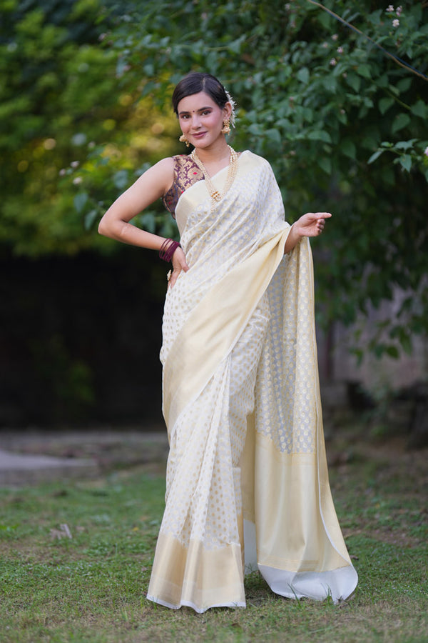 Banarasi Cotton Silk Saree with Buti Zari Weaving-White