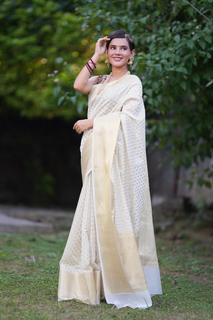 Banarasi Cotton Silk Saree with Buti Zari Weaving-White