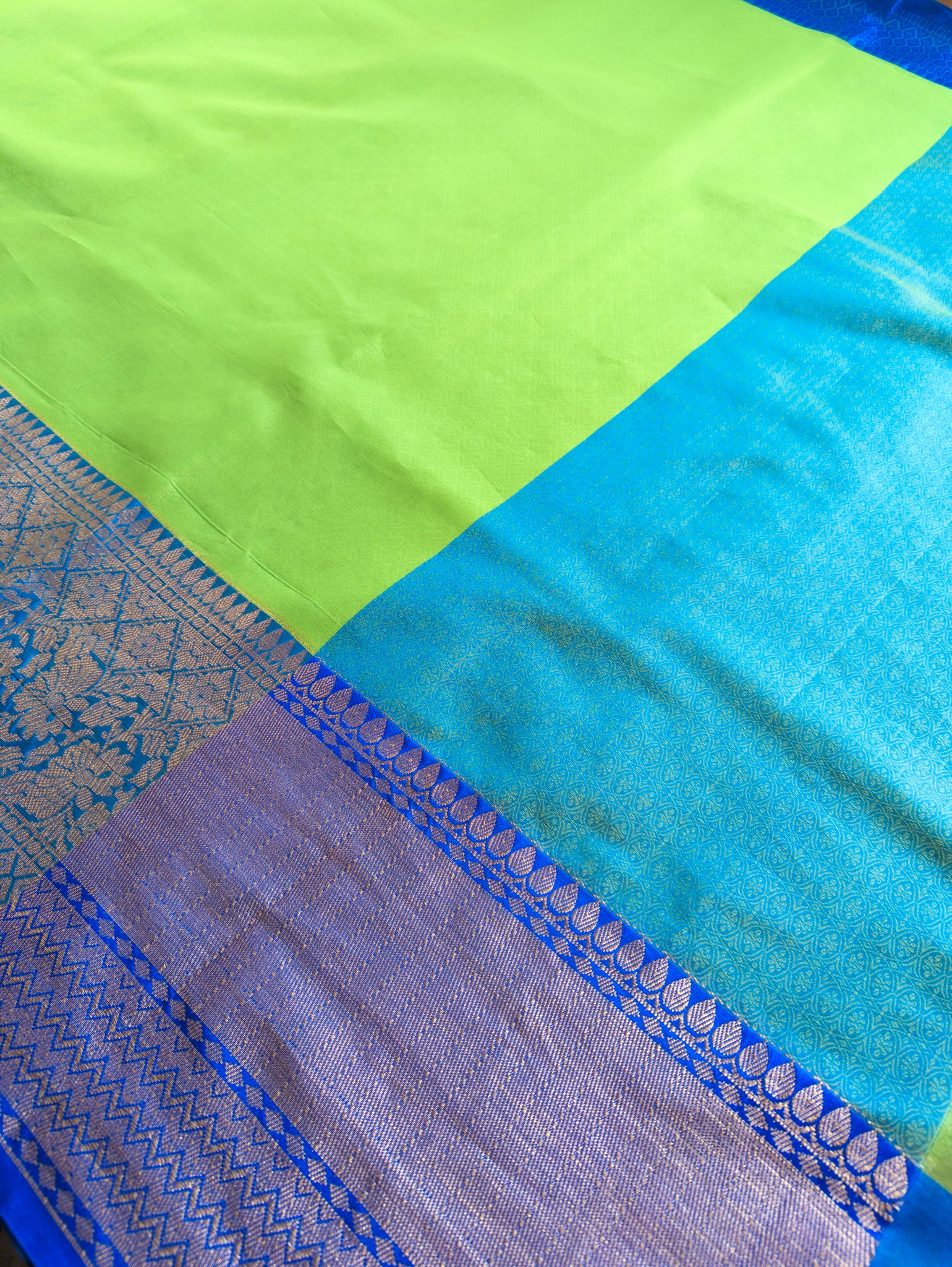 Banarasi Semi Silk Saree With Contrast Satin Skirt Border-Green