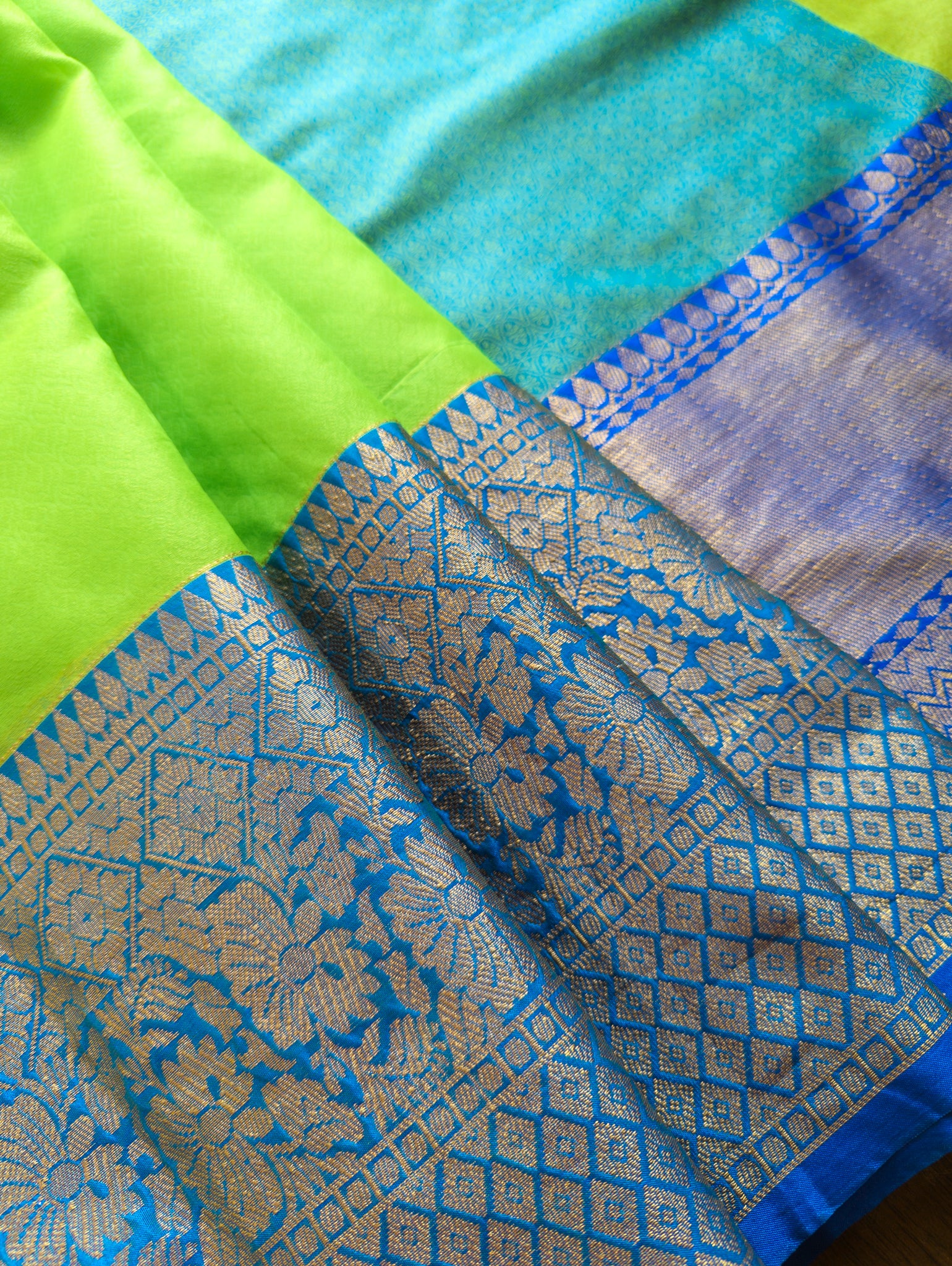 Banarasi Semi Silk Saree With Contrast Satin Skirt Border-Green