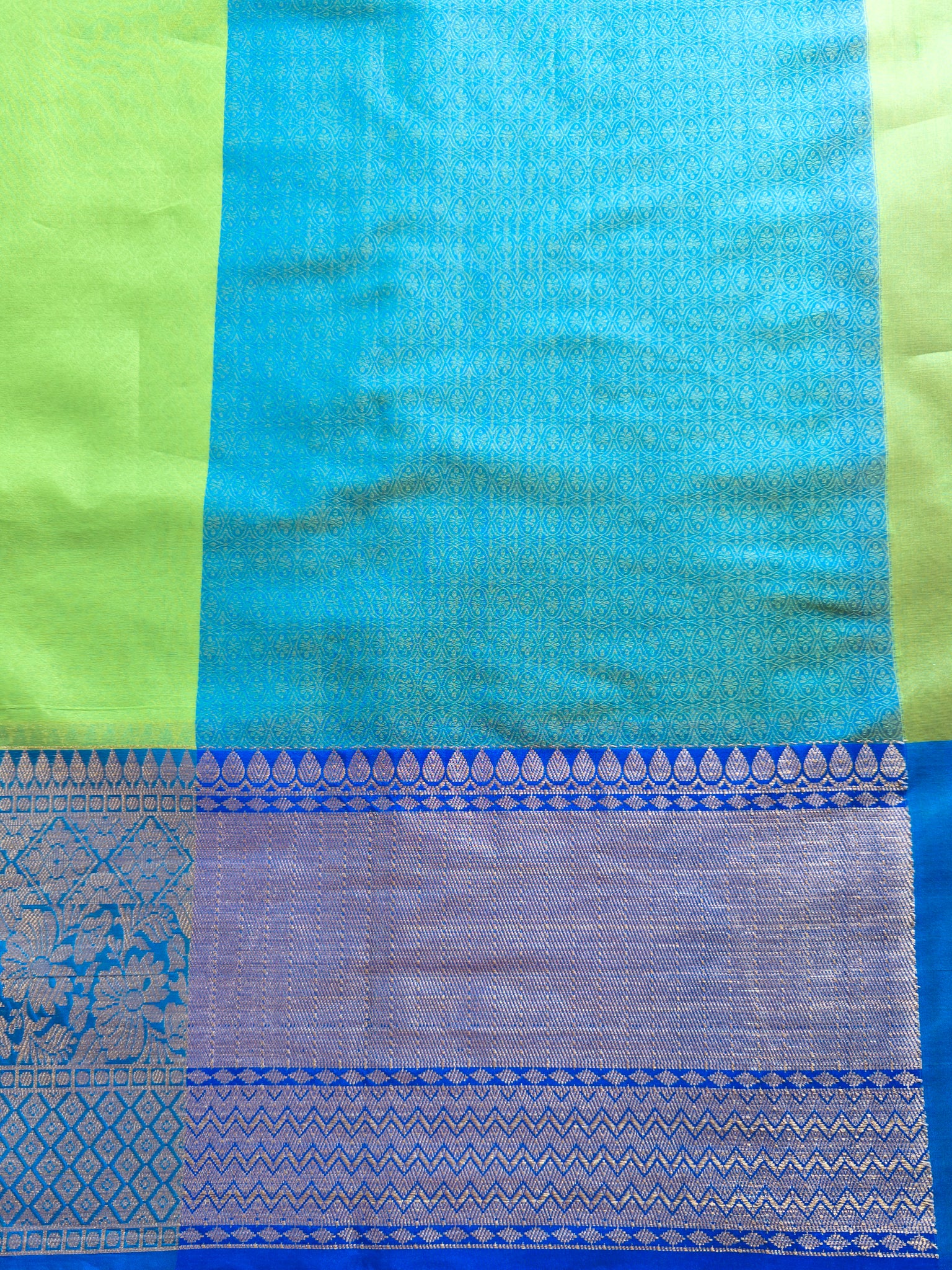 Banarasi Semi Silk Saree With Contrast Satin Skirt Border-Green