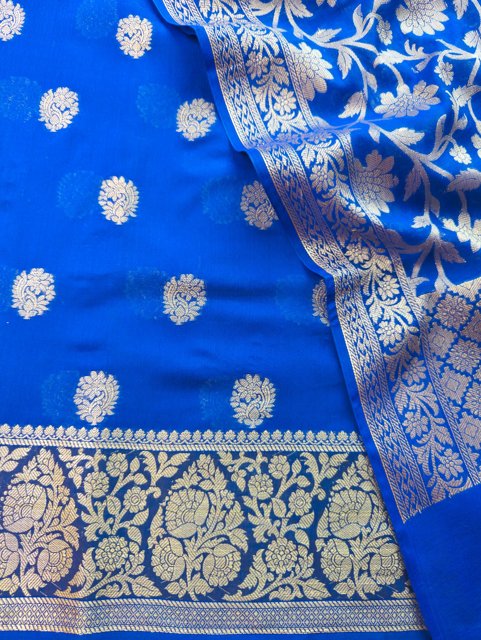 Banarasi Chanderi Cotton Salwar Kameez Material With Jaal Weaving Dupatta-Royal Blue