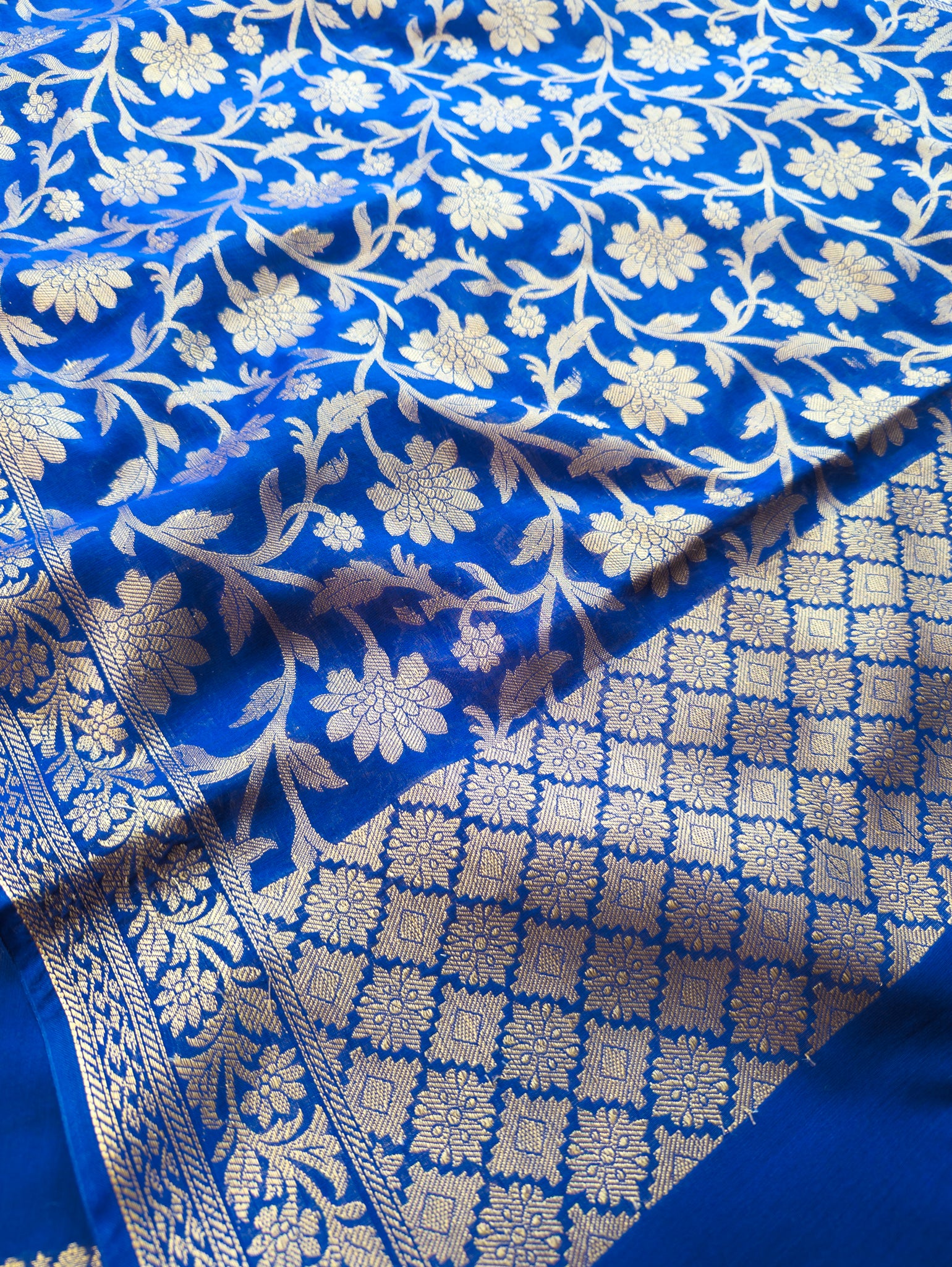Banarasi Chanderi Cotton Salwar Kameez Material With Jaal Weaving Dupatta-Royal Blue