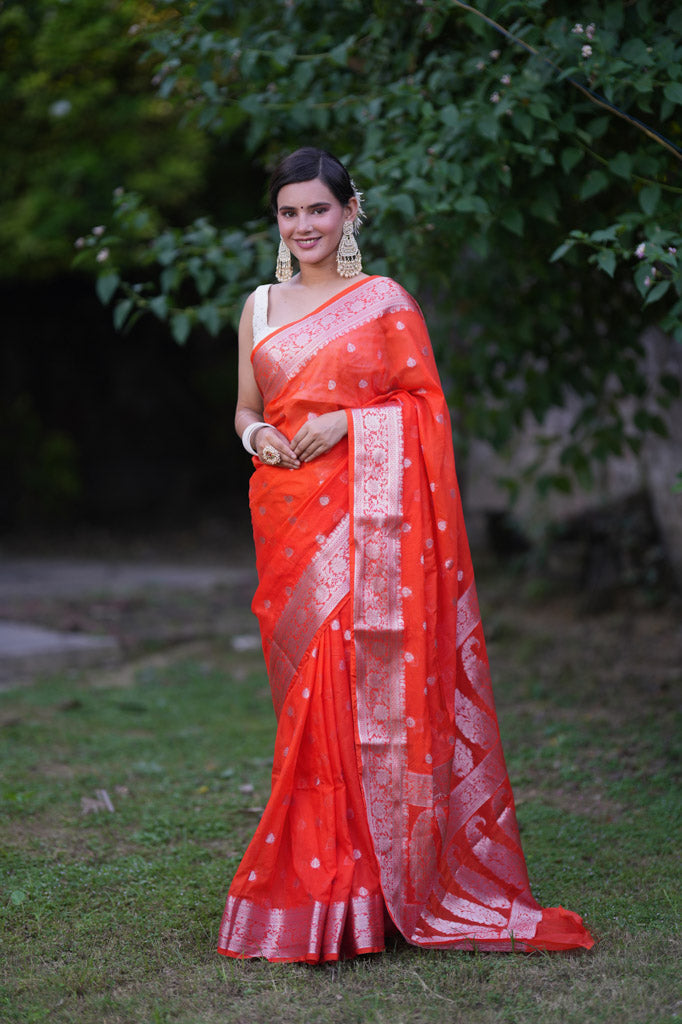 Banarasi  Semi Chiffon Saree Silver Zari Buti Weaving- Orange